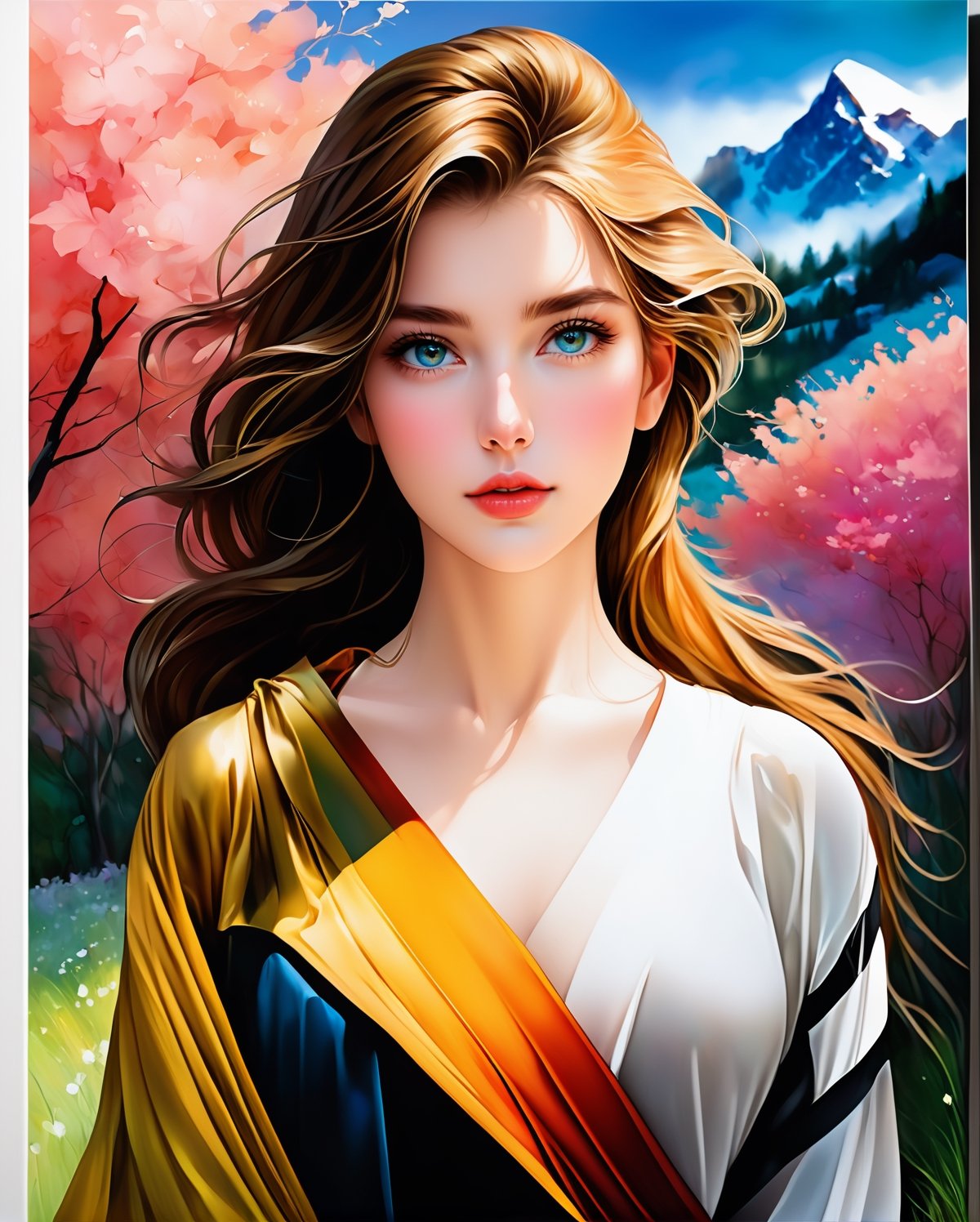 A captivating, hyperrealistic digital painting of a stunningly beautiful girl, featuring a delicate and perfect face with reflective eyes that seem to gleam. The artwork masterfully combines the styles of Arthur Rackham and Antoine Blanchard, resulting in a vibrant and colorful masterpiece. The background features a lush landscape with a mix of bright and vibrant colors, creating a dynamic and eye-catching scene. The center of the image is the girl, with a sharp focus on her face, revealing the incredible level of detail and smoothness in the painting. This hyperrealistic illustration is a stunning work of art, perfected to 8k resolution., illustration, conceptual art