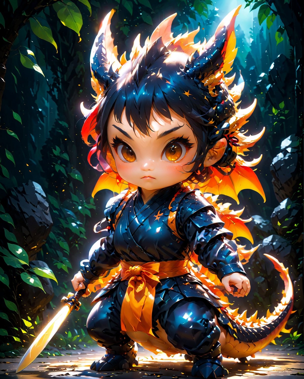 (dragon girl theme:1.5),best quality, masterpiece, beautiful and aesthetic, vibrant color, Exquisite details and textures, Warm tone, ultra realistic illustration, (cute asian dragon ninja girl:1.5), wearing a ninja outfit, chibi emote, cute eyes, big eyes, cinematic lighting, ambient lighting, sidelighting, cinematic shot, siena natural ratio, anime style, Full length view, holding_katana, fighting pose,3D,Cartoon, jungle,skpleonardostyle,baby dragon
