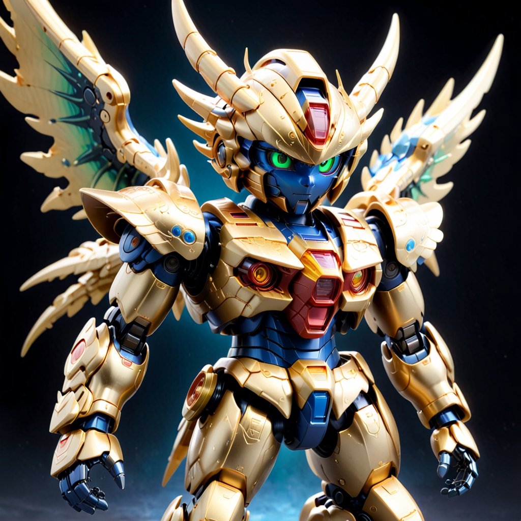 Within a realm where the essence of SD Gundam meets the awe-inspiring world of dragons, a spectacular dragon robot character takes form. Inspired by the charming yet powerful appeal of SD Gundam, this mechanical dragon boasts intricate, hyper-realistic detailing. Its metallic scales shimmer with a blend of iridescent hues, reflecting the prowess of both ancient myth and futuristic technology. Luminescent eyes radiate intelligence and determination as colossal wings, adorned with Gundam-inspired motifs, unfold majestically. In this fusion of Gundam aesthetics and draconic grandeur, a breathtaking digital marvel emerges.