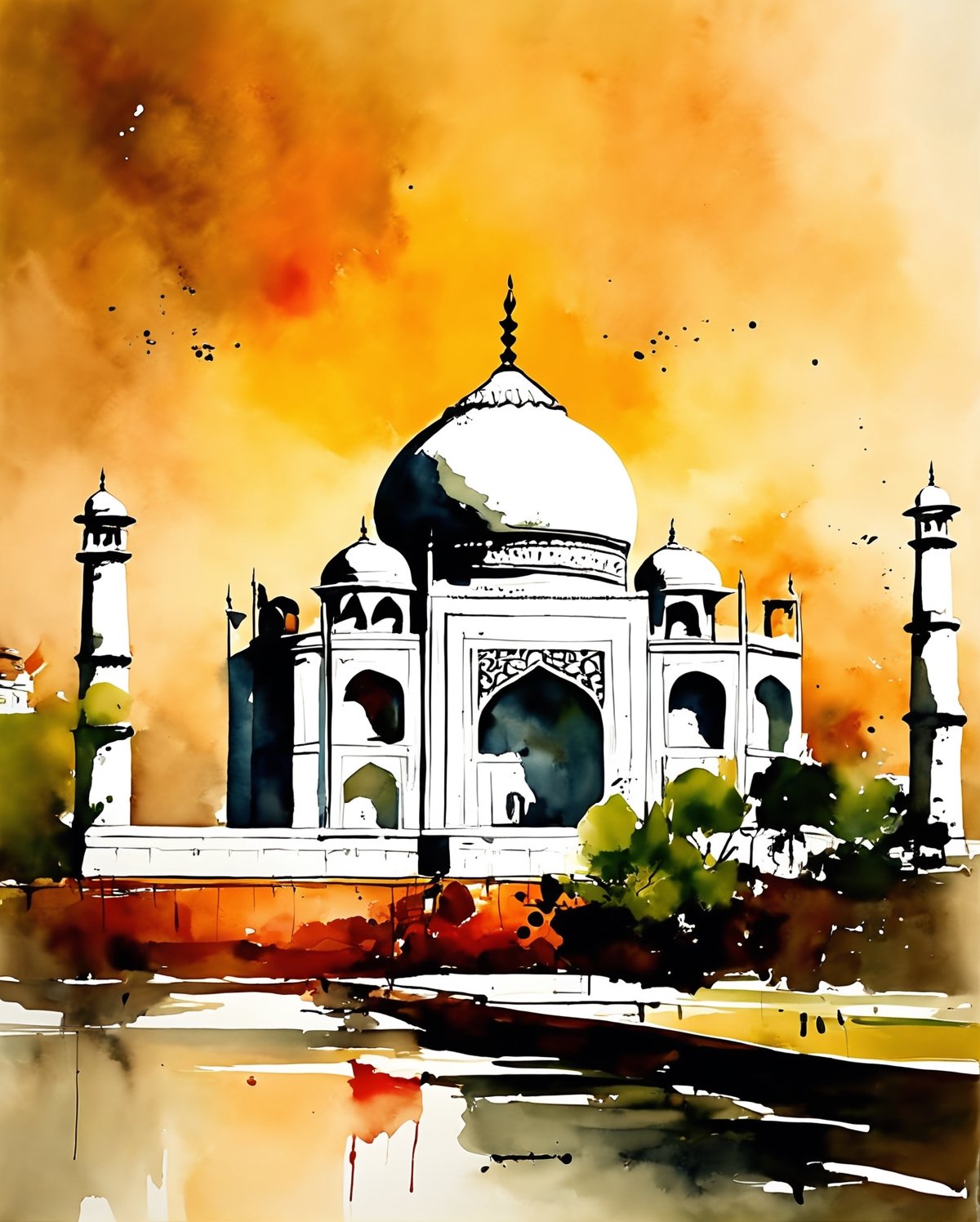 In this artistic endeavor, fuse the traditional Chinese ink wash technique with the stylistic essence of Wu Guanzhong, blending it seamlessly with Western artistic concepts to depict the iconic Taj Mahal in a contemporary artistic representation. Embrace the fluidity and expressive brushwork characteristic of Chinese ink painting, capturing the intricate details and architectural splendor of the Taj Mahal with bold strokes and dynamic composition. Integrate Western painting elements such as perspective, light, and shadow to add depth and dimension to the scene, enhancing the majestic presence of the monument. Focus on capturing the timeless beauty and cultural significance of the Taj Mahal, infusing it with a sense of poetic tranquility and universal resonance. Let the synthesis of Eastern and Western influences create a captivating visual narrative that transcends cultural boundaries and celebrates the enduring legacy of artistic expression.,ink 