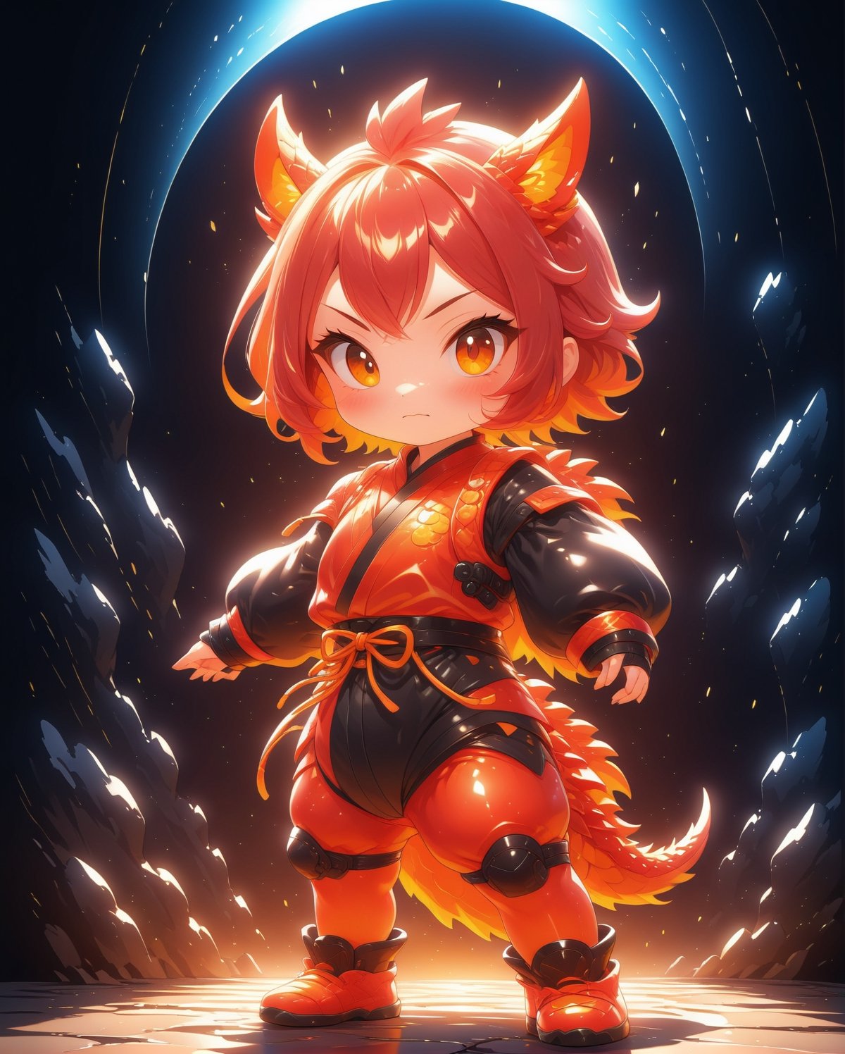 (dragon girl theme:1.5),best quality, masterpiece, beautiful and aesthetic, vibrant color, Exquisite details and textures, Warm tone, ultra realistic illustration, (cute asian dragon ninja girl:1.5), wearing a ninja outfit, chibi emote, cute eyes, big eyes, cinematic lighting, ambient lighting, sidelighting, cinematic shot, siena natural ratio, anime style, Full length view, holding_katana, fighting pose,3D,Cartoon, jungle,skpleonardostyle,baby dragon,<lora:659095807385103906:1.0>