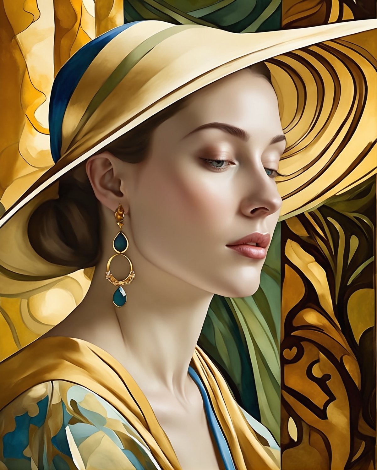 Create an enchanting Art Nouveau-inspired female illustration that seamlessly melds the exquisite style of Johannes Vermeer. Embrace Vermeer's mastery of light, delicate color palettes, and meticulous detail in portraying domestic scenes. Infuse the Art Nouveau touch by incorporating flowing lines, organic forms, and ornate patterns reminiscent of the era. Illuminate the subject with soft, ethereal lighting, enhancing the inherent grace and sophistication. Capture a moment of quiet beauty, echoing Vermeer's narrative charm, while introducing the graceful curves and decorative elements characteristic of Art Nouveau. This prompt challenges the artist to harmoniously blend two distinct yet captivating artistic legacies.