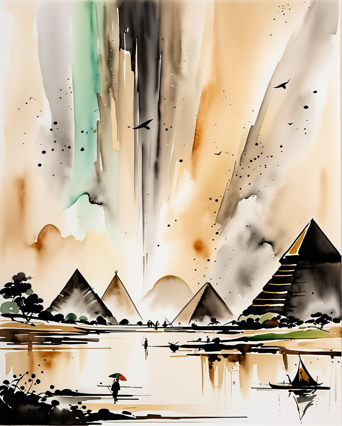 A captivating fusion of Chinese ink wash technique and the stylistic elements of Wu Guanzhong. The iconic silhouette of the Egyptian pyramids is rendered with harmonious fluidity and expressiveness, capturing the essence of these ancient structures. The painting incorporates Western painting concepts like perspective and light, adding depth and realism to the scene. The final result is a mesmerizing visual narrative that transcends cultural boundaries and celebrates the universal appeal of artistic expression.