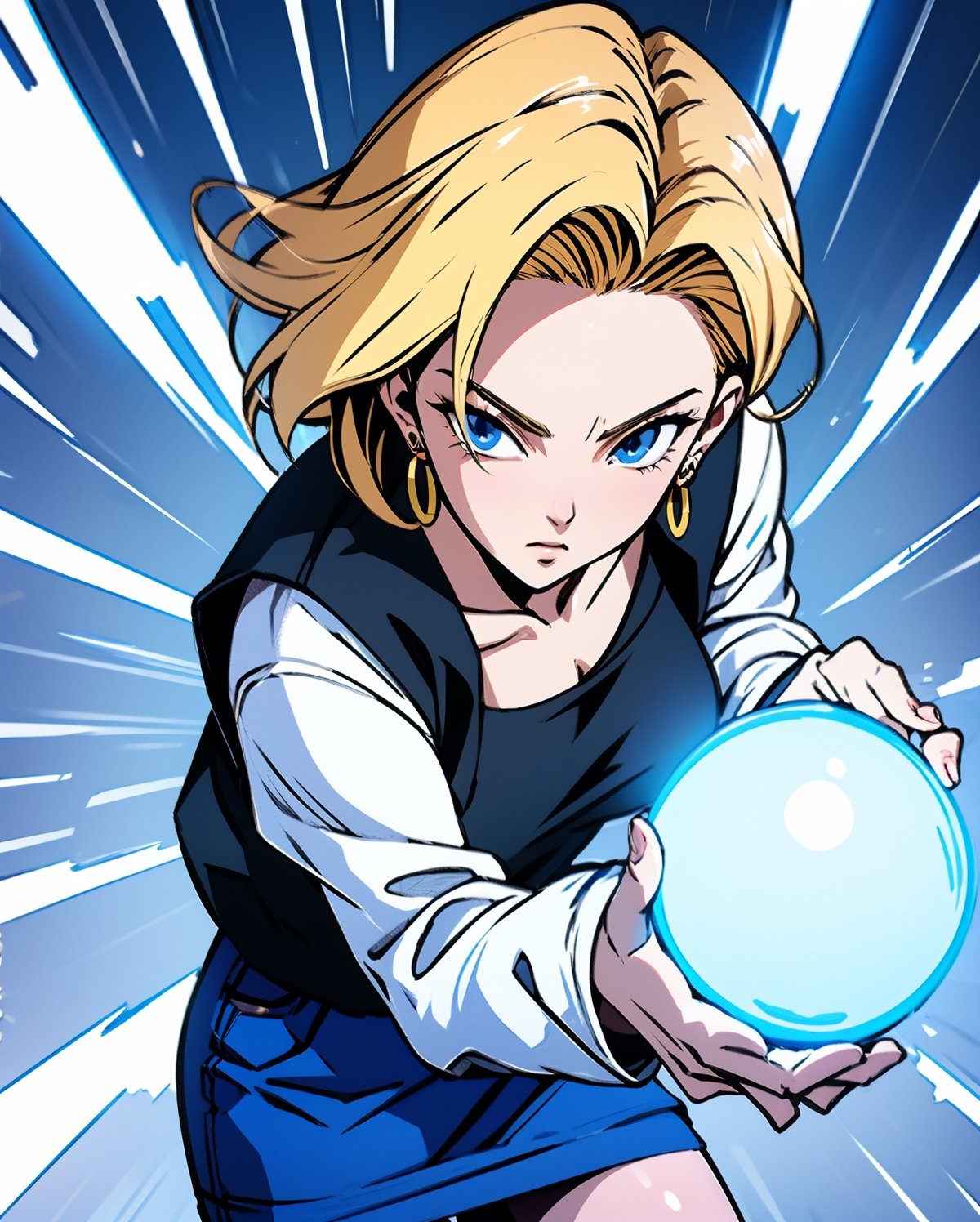 (best quality), (masterpiece),ultra-detailed,
1girl solo,and18, 1girl, android 18, solo, blonde hair, blue eyes, short hair, earrings, jewelry, denim vest, open vest, black pantyhose, black shirt, denim skirt, striped long sleeves, blue skirt, large breasts
emphasis lines,motion lines,(swirling:1.2) ,
 kamehameha, charging,energy ball, electricity, aura, dynbamic, kamehameha, Android_18_DB, casual wear, charging, casual wear,  look at viewer,  energy ball, ,LINEART,and18