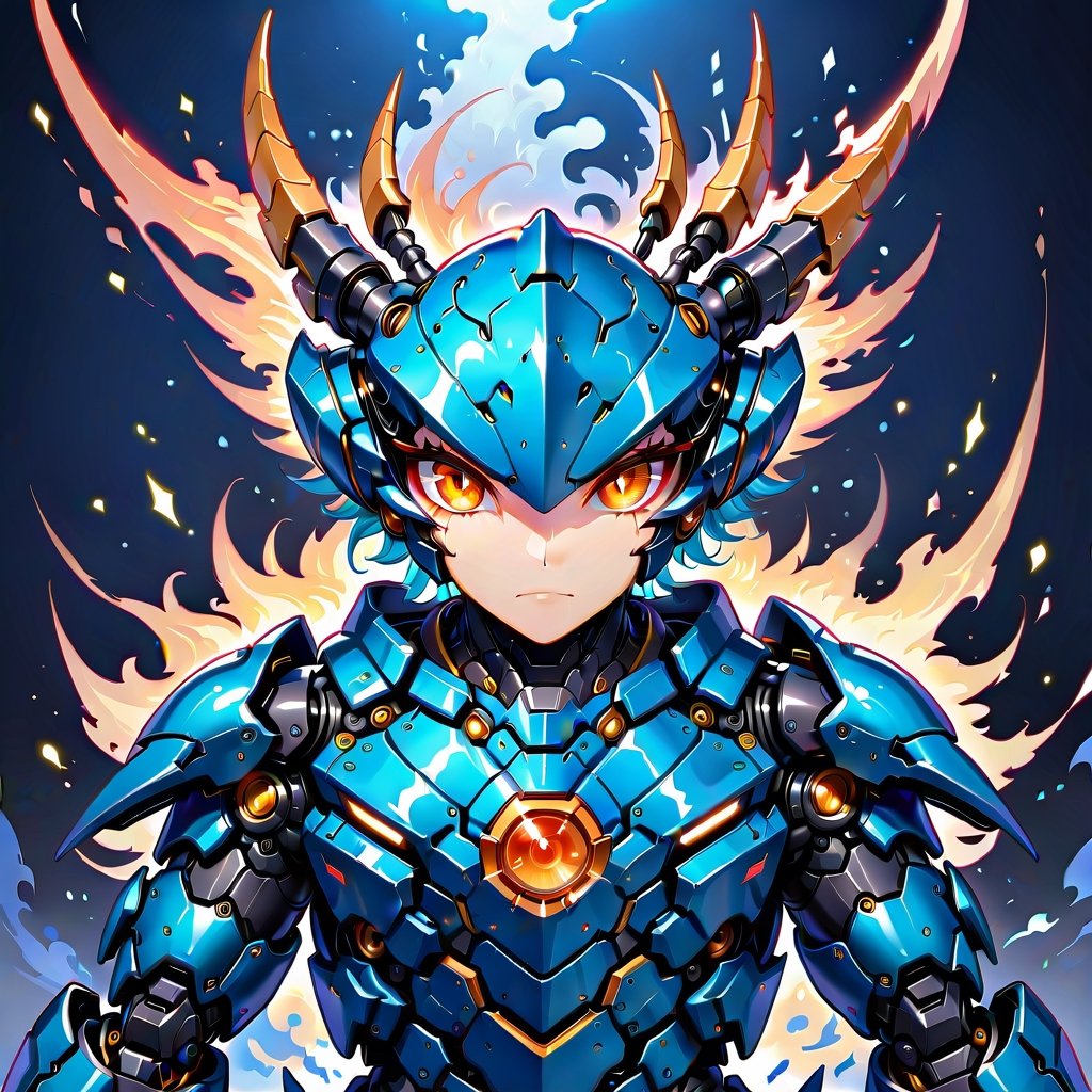 head and shoulder portrait, 1 spider robot, (solo robot:2) , mechanical features, mechanical joints, fantasy, dark background, giant robot, orange, red,  and blue color scheme, symmetrical features,baby dragon,dragon robot