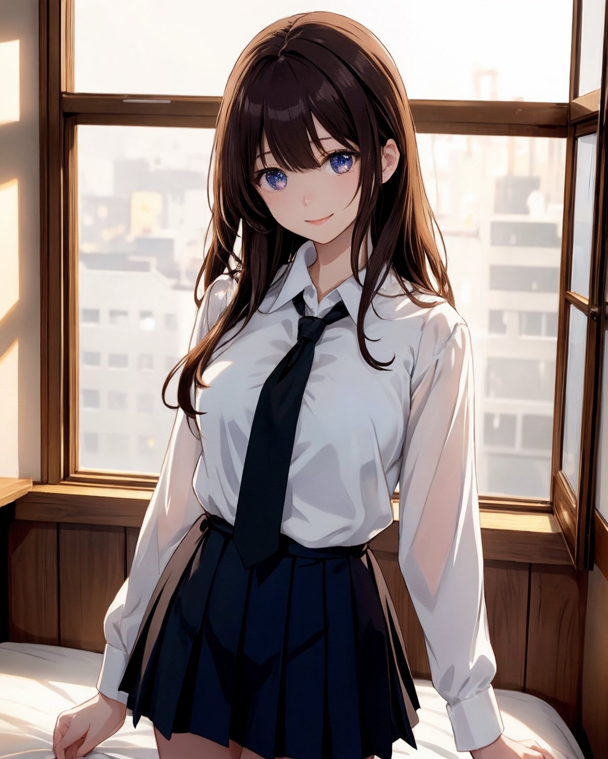 A beautiful Japanese anime girl with long straight brown hair and bangs, wearing a white blouse with a black ribbon tie and a pleated skirt, standing in a well-lit room with a bed and a window in the background. The girl has a cute and gentle smile with big, expressive eyes. Realistic anime style, high detail, soft lighting, bokeh background.
,anime