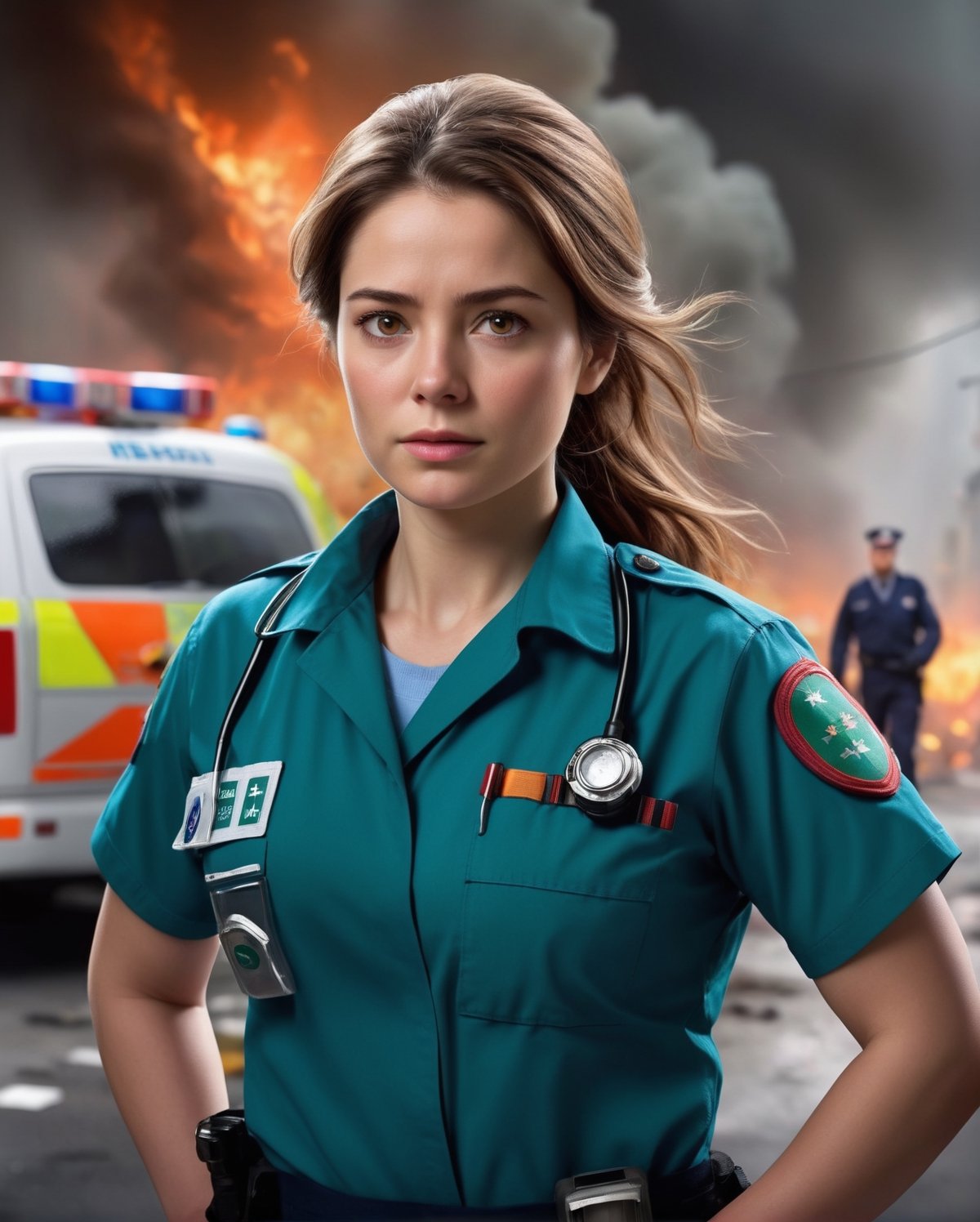 In a captivating portrayal of heroism, imagine an ultra-realistic depiction of a female paramedic amid the chaos of an emergency scene. With intense focus, her determined gaze reflects the gravity of her life-saving mission. Every detail, from the intricate folds of her uniform to the subtle tension in her gloved hands, conveys the urgency of her role. The dynamic lighting casts shadows that accentuate her resilience, capturing the essence of compassion and strength that defines her as a lifesaving presence in the midst of crisis.