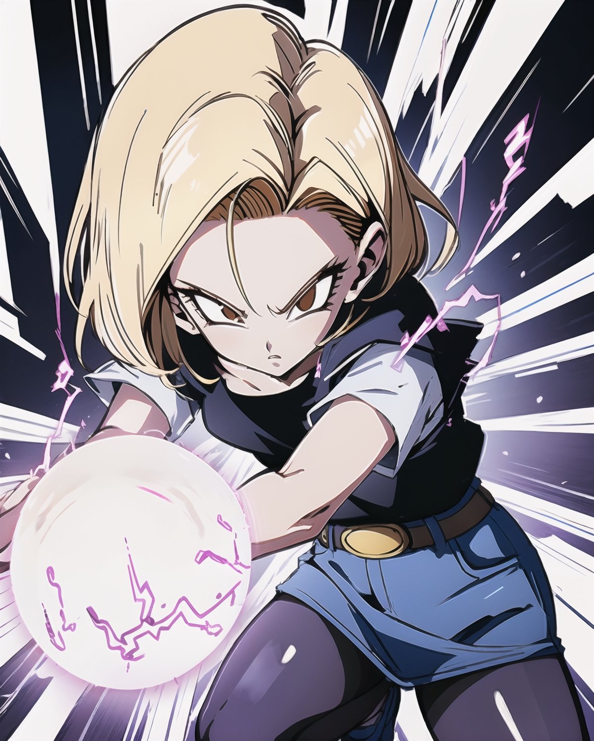 (best quality), (masterpiece),ultra-detailed,
1girl solo, andoroid 18, denim skirt, pantyhose,
emphasis lines,motion lines,(swirling:1.2) ,
 kamehameha, charging,energy ball, electricity, aura, dynbamic, kamehameha, Android_18_DB, casual wear, charging, casual wear,  look at viewer,  energy ball, ,LINEART,and18