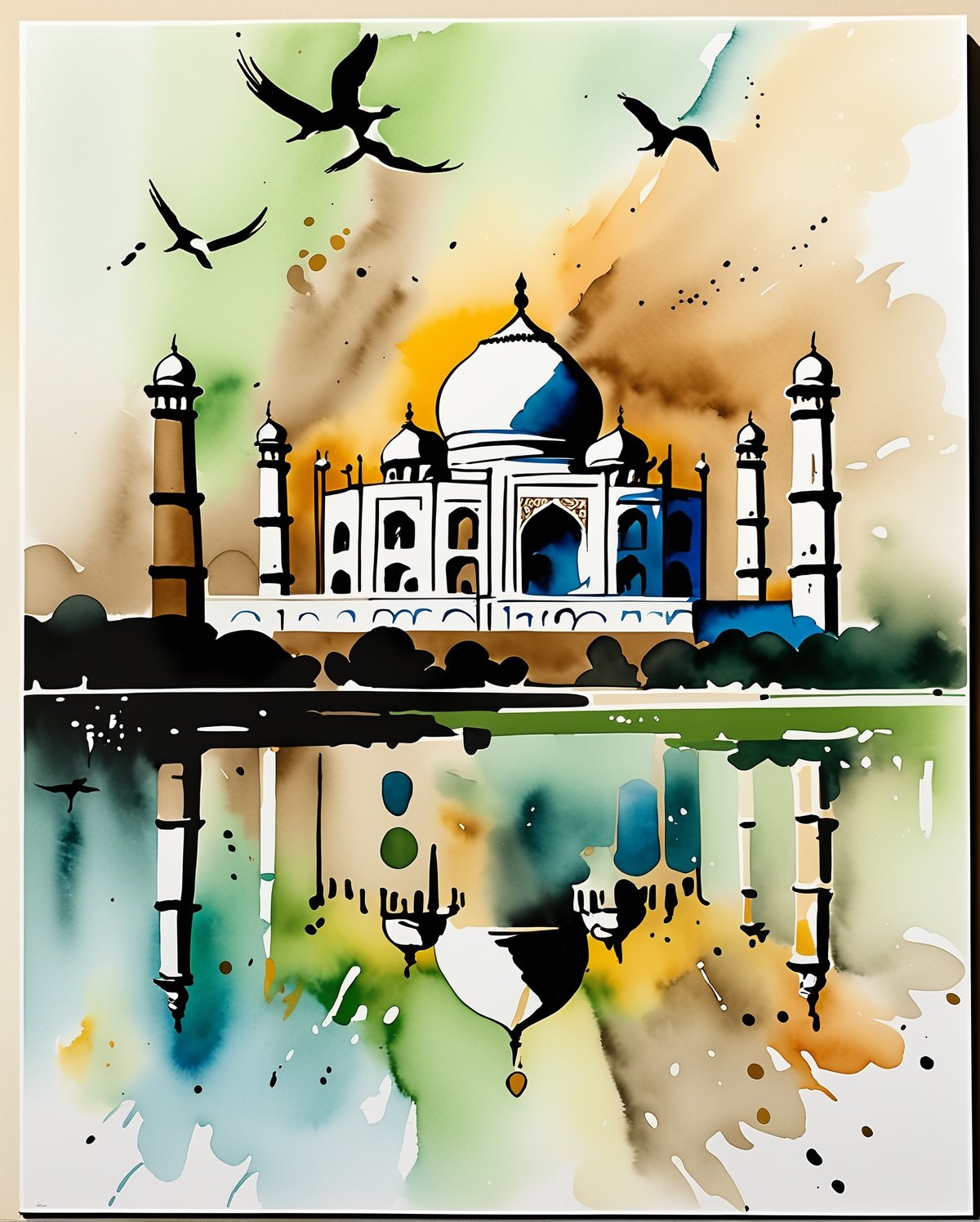 In this artistic endeavor, fuse the traditional Chinese ink wash technique with the stylistic essence of Wu Guanzhong, blending it seamlessly with Western artistic concepts to depict the iconic Taj Mahal in a contemporary artistic representation. Embrace the fluidity and expressive brushwork characteristic of Chinese ink painting, capturing the intricate details and architectural splendor of the Taj Mahal with bold strokes and dynamic composition. Integrate Western painting elements such as perspective, light, and shadow to add depth and dimension to the scene, enhancing the majestic presence of the monument. Focus on capturing the timeless beauty and cultural significance of the Taj Mahal, infusing it with a sense of poetic tranquility and universal resonance. Let the synthesis of Eastern and Western influences create a captivating visual narrative that transcends cultural boundaries and celebrates the enduring legacy of artistic expression.