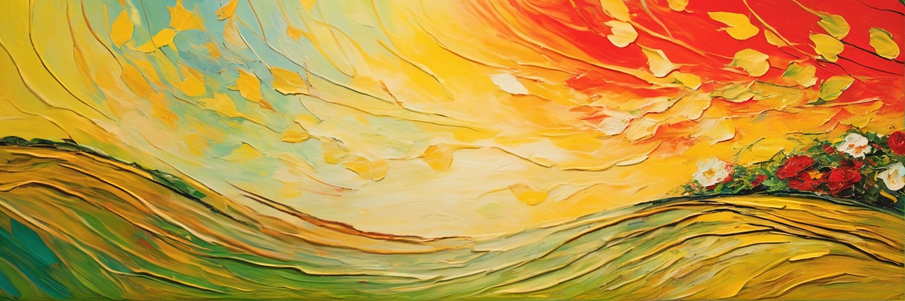 A mesmerizing piece of abstract art, inspired by the legendary artists Gauguin and Van Gogh, captures the essence of a rejuvenating spring. The canvas is a vibrant explosion of colors, with fiery reds and golden yellows symbolizing the warmth and passion of the season's rebirth. Dreamlike elements dance within the painting, intertwining with the swirling colors and representing the delicate blossoming of nature. The texture of the artwork conveys the unpredictable and dynamic nature of spring, while the harmonious blend of traditional and contemporary styles creates a surreal landscape that transcends time. This breathtaking masterpiece celebrates the eternal beauty of spring's awakening, a testament to the enduring power of artistic expression.