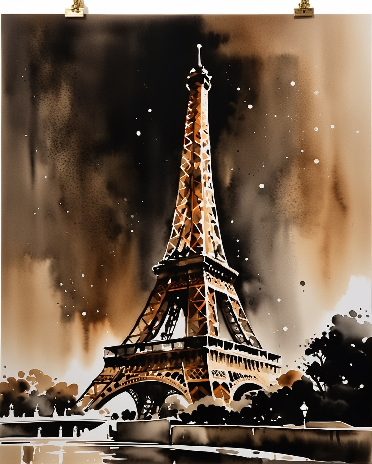 A stunning fusion of Chinese ink wash technique and Western perspective, featuring the iconic Eiffel Tower. The painting is characterized by fluid, expressive brushstrokes and a dynamic composition, reflecting the essence of Chinese landscape painting. The tower's architectural grandeur is accentuated by the use of chiaroscuro, adding depth and dimension to the scene. The harmonious blend of Eastern and Western aesthetics creates a captivating visual narrative that transcends cultural boundaries.