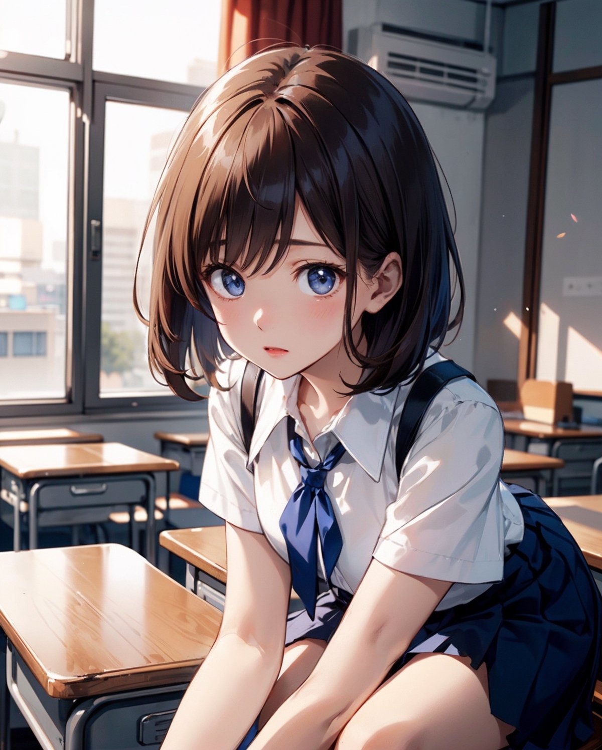 A beautiful Japanese anime girl with short bob-cut brown hair and bangs, wearing a white school blouse with a blue ribbon tie and a pleated navy skirt, sitting in a well-lit classroom with desks and large windows in the background. The girl has large, expressive eyes and a slightly surprised or curious expression. Realistic anime style, high detail, soft lighting, natural sunlight
,anime