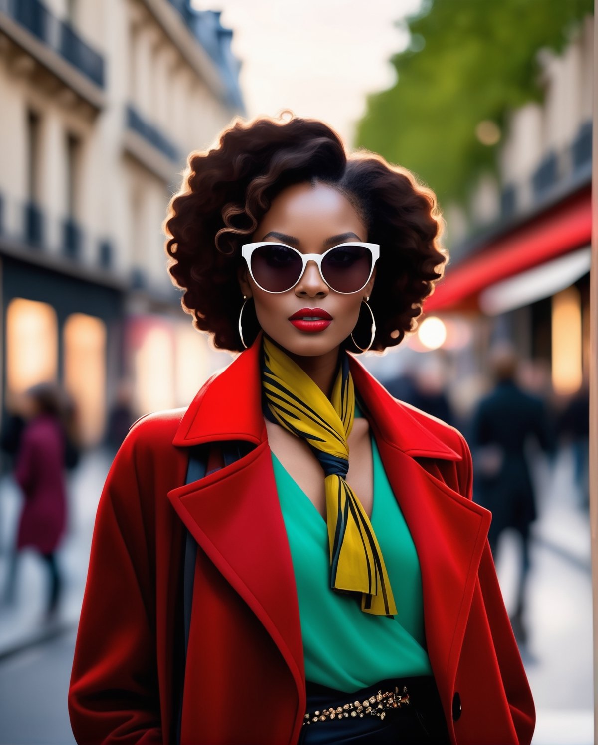 A stunning, photorealistic portrait of a stylish black woman, captured in the dusk light of a bustling Parisian street. She is dressed in a chic ensemble, with a vibrant red coat and a fashionable scarf, accessorized with elegant sunglasses. Her long, curly hair cascades down her shoulders, framing her confident and poised face. The urban backdrop of Paris, with its architectural marvels and warm streetlights, adds a touch of European charm to the image.