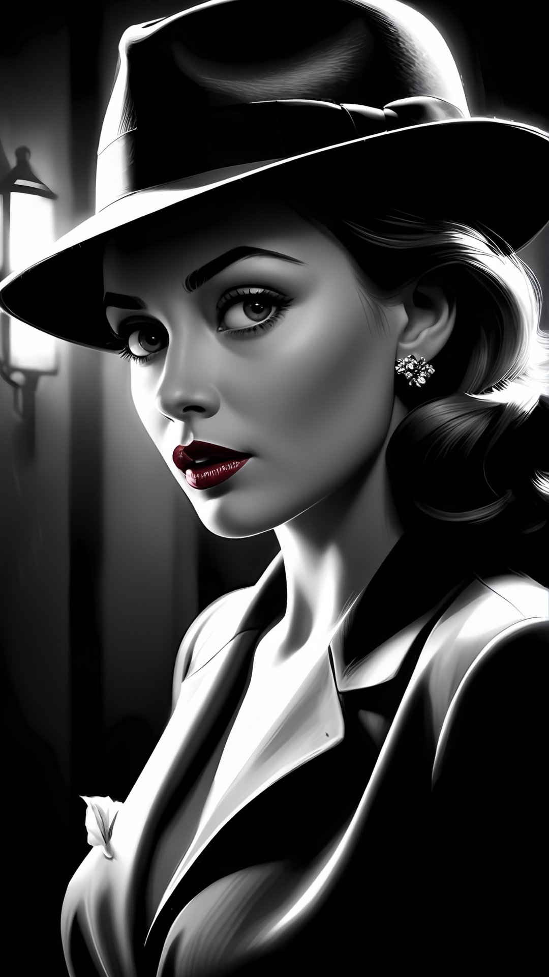 Generate a prompt for a hyper-realistic female portrait depicted in film noir-inspired contemporary digital art:

"Imagine a hyper-realistic female portrait in the style of film noir, rendered with contemporary digital art techniques to capture every intricate detail. Envision the subject as a mysterious femme fatale, with piercing eyes and an aura of allure that draws the viewer into a narrative of intrigue and suspense. Set the scene against a backdrop reminiscent of classic film noir settings—a dimly lit alleyway, a smoky jazz club, or a noir-inspired urban landscape bathed in chiaroscuro lighting. Incorporate elements such as dramatic shadows, reflective surfaces, and subtle hints of noir symbolism like a tilted fedora or a trailing wisp of cigarette smoke. Use advanced digital rendering techniques to achieve lifelike textures and nuanced expressions, conveying the complexity of the character's personality and story. The final artwork should evoke a sense of cinematic realism and timeless allure, paying homage to the iconic aesthetics of film noir while adding a contemporary digital twist."