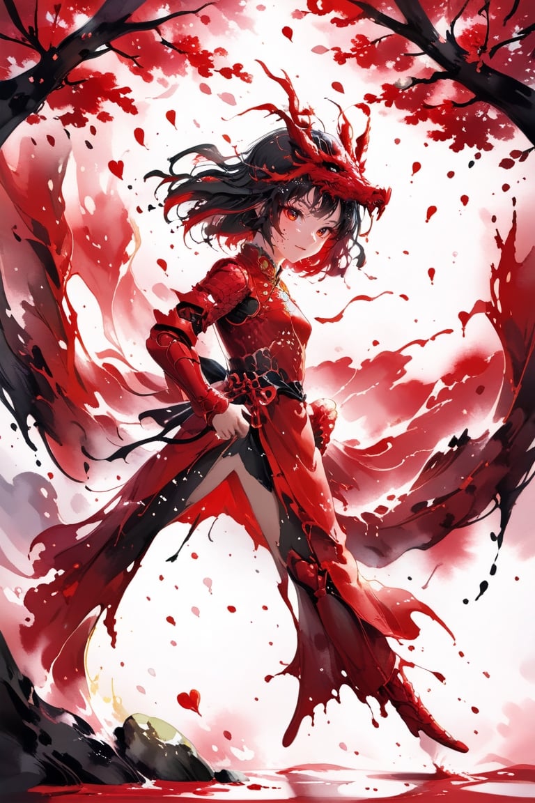 stylized inkpainting and digital anime painting, eastern dragon, ink painting, 1dragon girl, weaing a cheongsam red armored dress, ray tracing, 8k, realistic, masterpiece, best quality,aesthetic,1dragon girl,dragon,,,,,(insane beautiful cherry blossom trees backgournd:1.4),(splash playing cherry blossom petals background:1.4), ,<lora:659095807385103906:1.0>