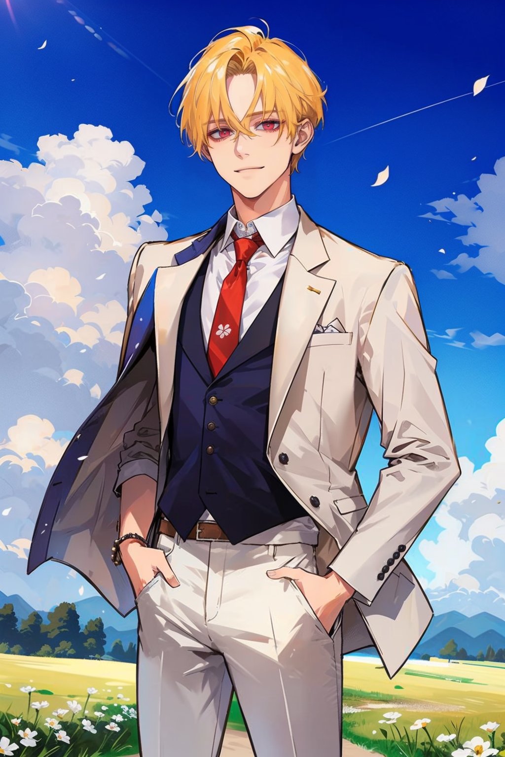 (masterpiece, best quality, highres:1.3), ( young handsome man, blonde hair, short hair, red sharp eyes, glowing eyes, levi ackerman hairstyle,) solo, looking at viewer, smile, shirt, long sleeves,standing, jacket, white shirt, flower, male focus, outdoors, open clothes, necktie, sky, day, collared shirt, pants, cloud, vest, open jacket, blue sky, petals, formal, white jacket, suit, grass, white flower, red necktie, wind, hand in pocket, white pants, field