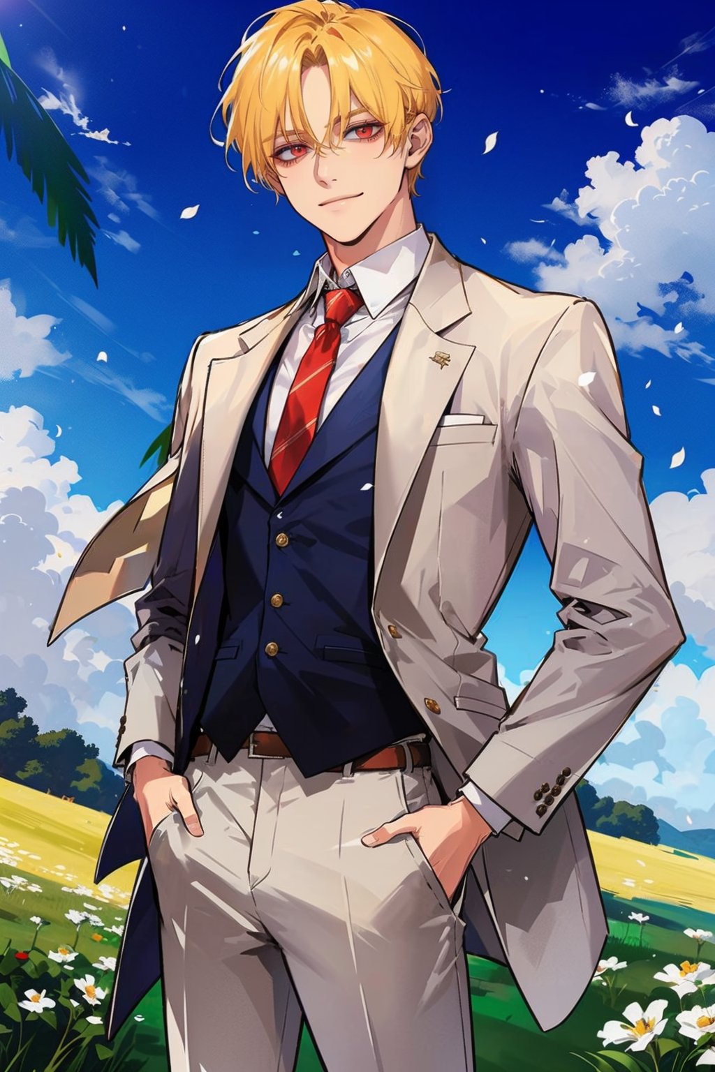 (masterpiece, best quality, highres:1.3), ( young handsome man, blonde hair, short hair, red sharp eyes, glowing eyes, levi ackerman hairstyle,) solo, looking at viewer, smile, shirt, long sleeves,standing, jacket, white shirt, flower, male focus, outdoors, open clothes, necktie, sky, day, collared shirt, pants, cloud, vest, open jacket, blue sky, petals, formal, white jacket, suit, grass, white flower, red necktie, wind, hand in pocket, white pants, field
