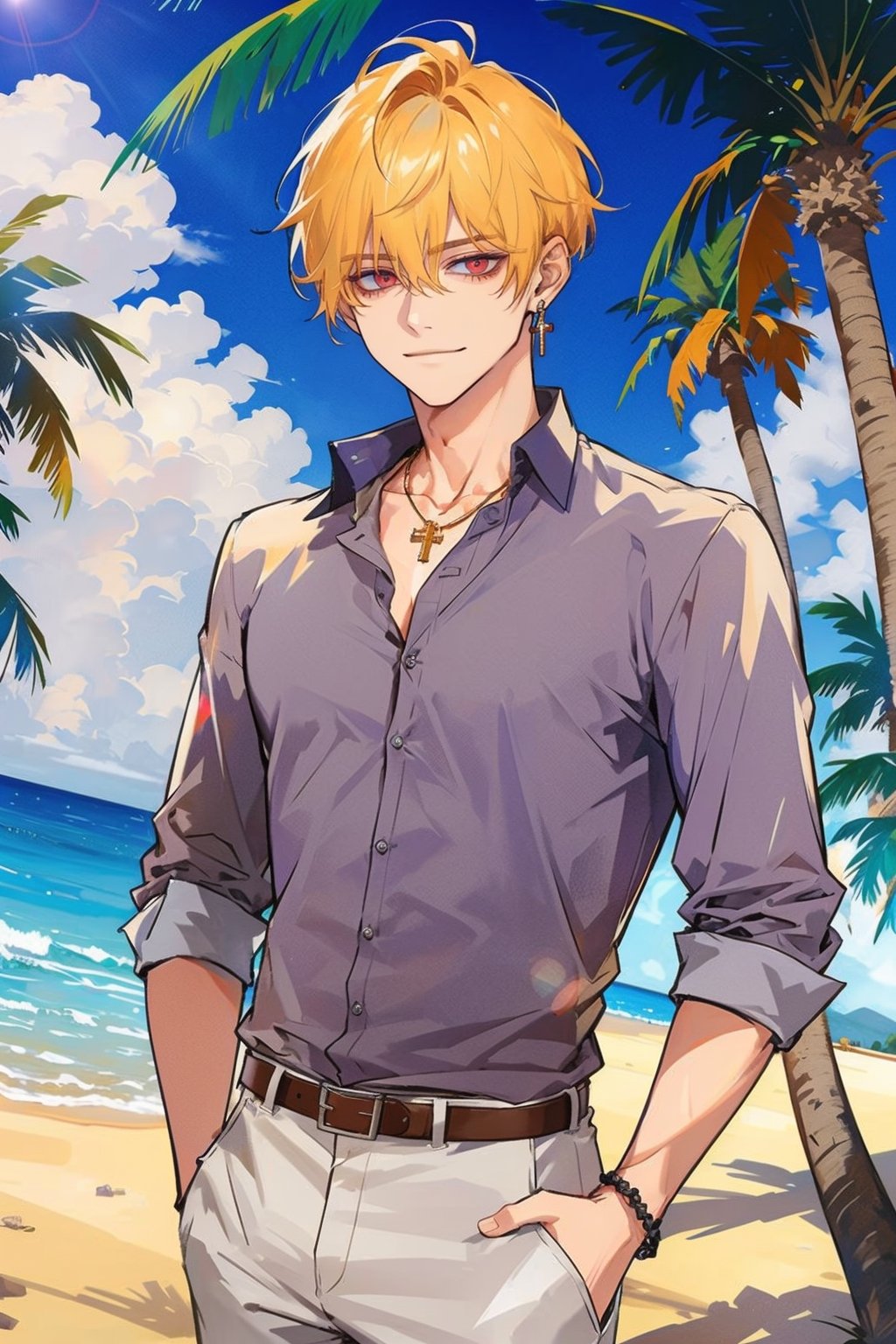 (masterpiece, best quality, highres:1.3), ( young handsome man, blonde hair, short hair, red sharp eyes, glowing eyes, levi ackerman hairstyle,) solo, looking at viewer, shirt, jewelry, male focus, earrings, outdoors, day, belt, cross necklace, bracelet, tree, beach, palm tree,  dark blue shirt, white pants, upperbody, collarbone, unnbotoned shirt, smirk, 