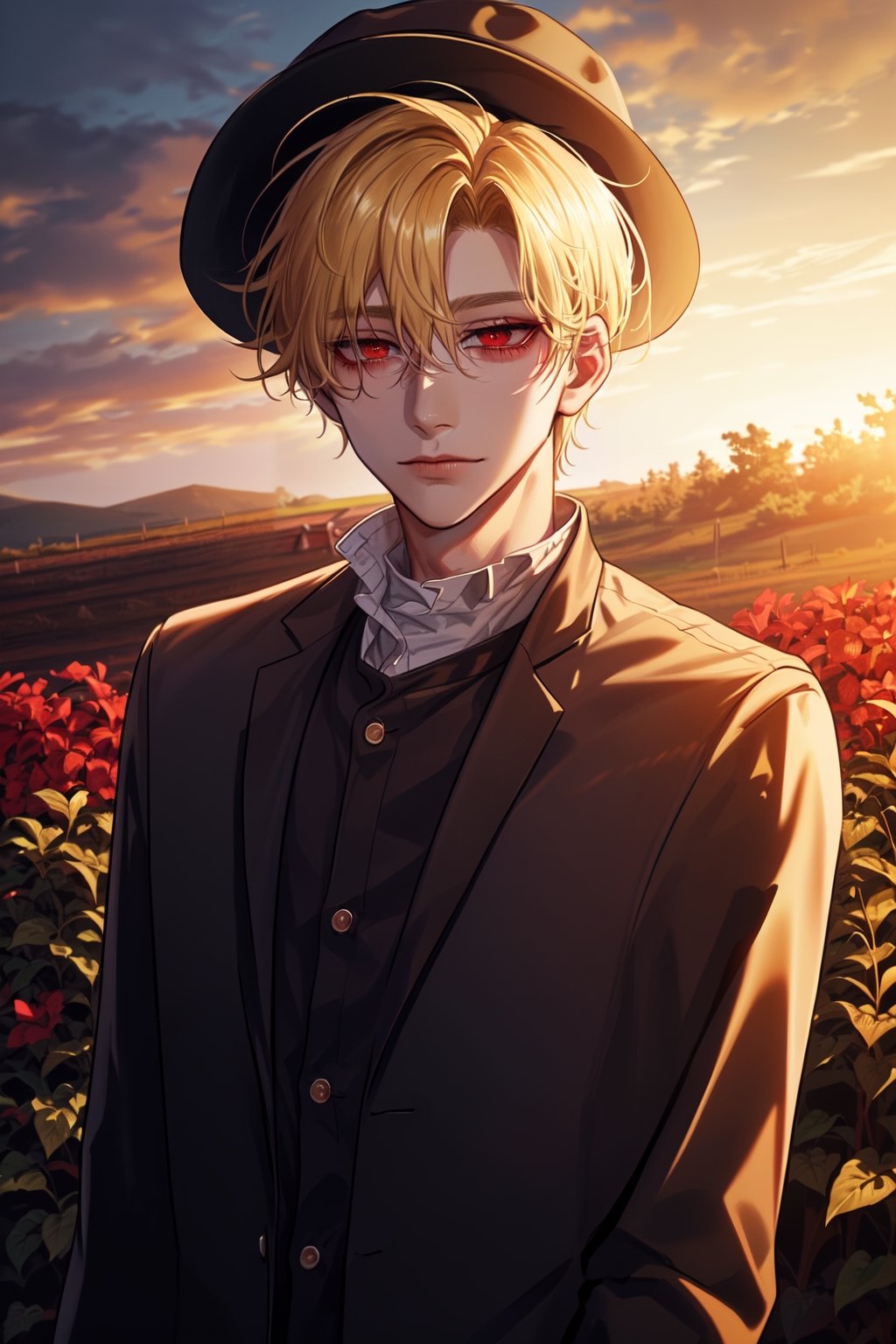 (man, young, tall, handsome, blonde, red eyes, glowing eyes, levi ackerman hairstyle, sharp eyes,), looking_at_viewer,  farm, farmer, farmer clothes, farmer hat, 