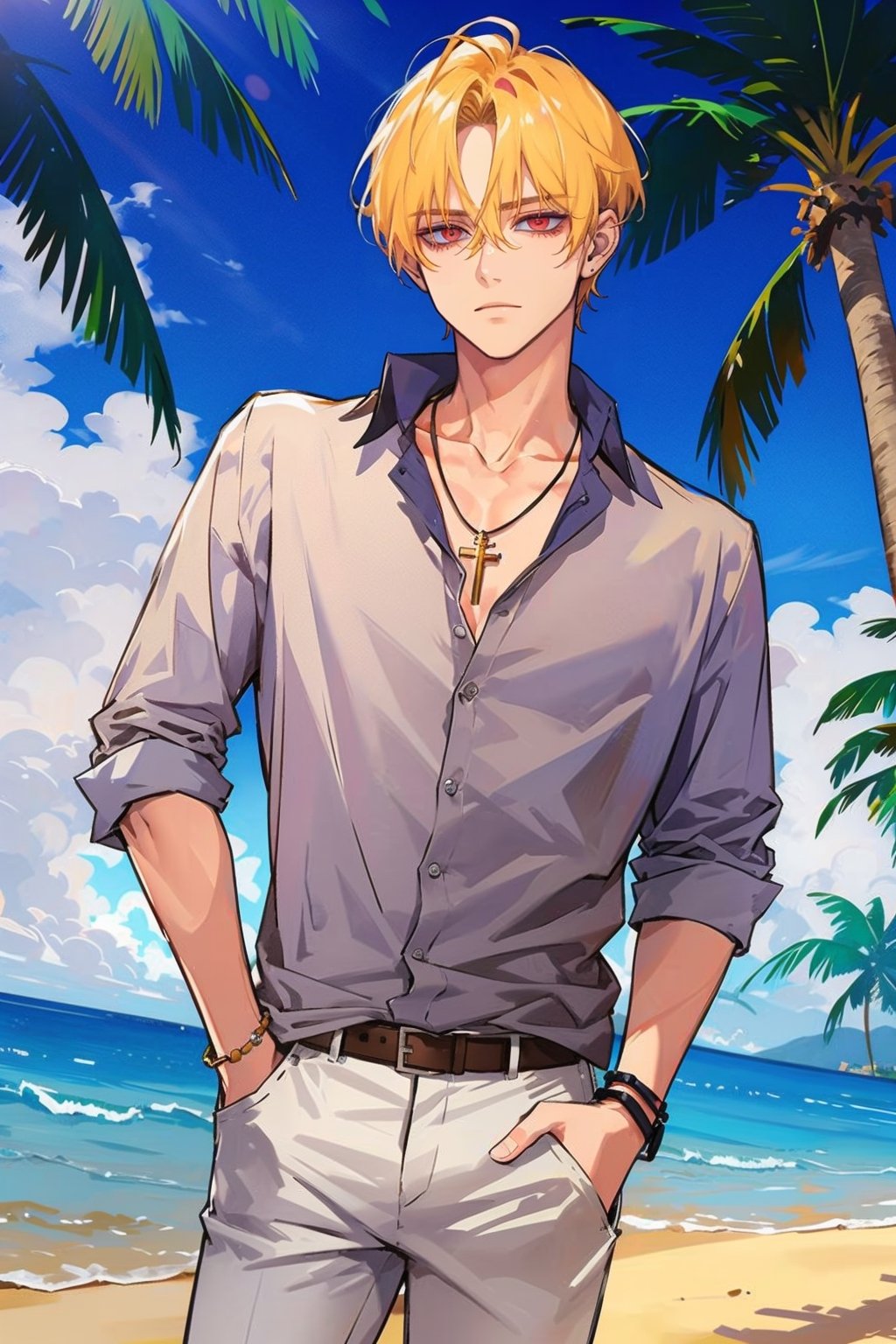 (masterpiece, best quality, highres:1.3), ( young handsome man, blonde hair, short hair, red sharp eyes, glowing eyes, levi ackerman hairstyle,) solo, looking at viewer, shirt, jewelry, male focus, earrings, outdoors, day, belt, cross necklace, bracelet, tree, beach, palm tree,  dark blue shirt, white pants, upperbody, collarbone, unnbotoned shirt, 