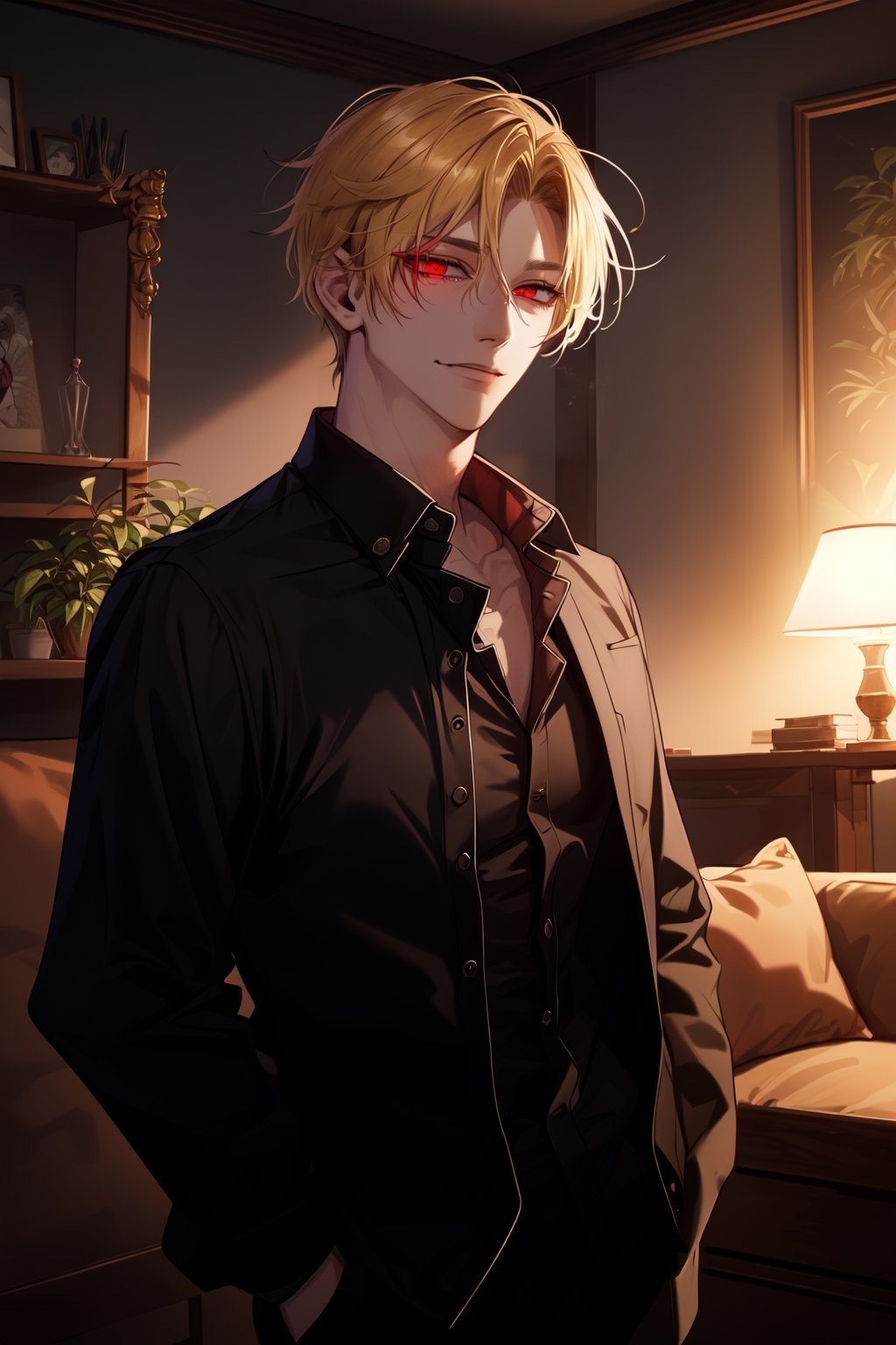 (man, tall, handsome, blonde, red eyes, glowing eyes, levi ackerman hairstyle, sharp eyes,), sexy, looking_at_viewer,  livingroom, smug, black pants, black shirt, hands on pockets, unbuttoned shirt