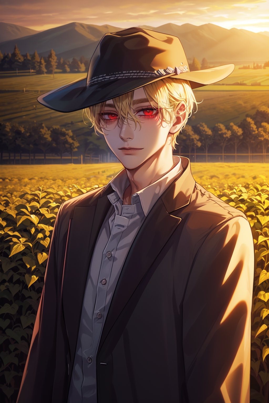  (man, young, tall, handsome, blonde, red eyes, glowing eyes, levi ackerman hairstyle, sharp eyes,), looking_at_viewer,  farm, farmer, farmer clothes, farmer hat, 