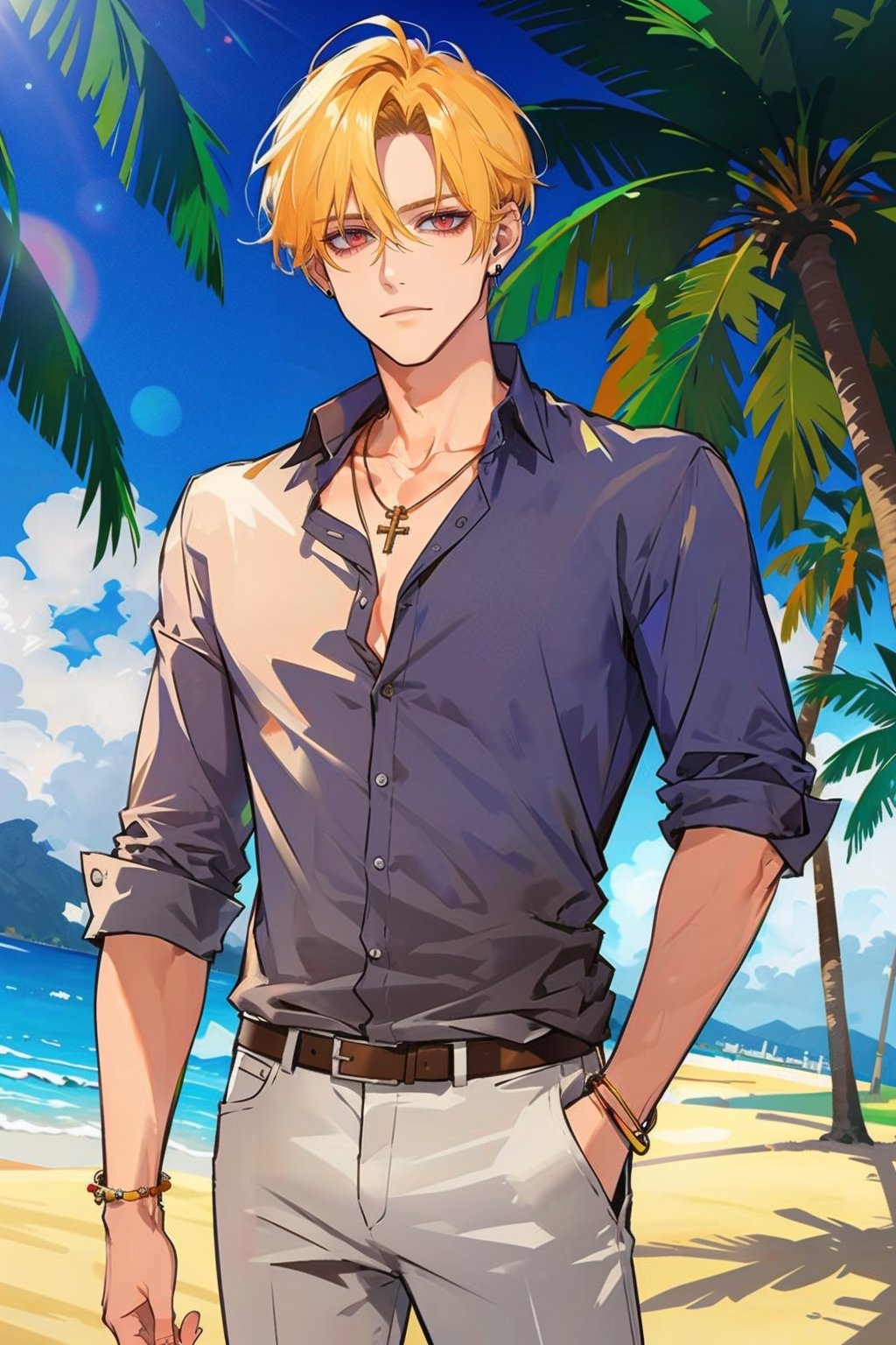 (masterpiece, best quality, highres:1.3), ( young handsome man, blonde hair, short hair, red sharp eyes, glowing eyes, levi ackerman hairstyle,) solo, looking at viewer, shirt, jewelry, male focus, earrings, outdoors, day, belt, cross necklace, bracelet, tree, beach, palm tree,  dark blue shirt, white pants, upperbody, collarbone, unnbotoned shirt, 