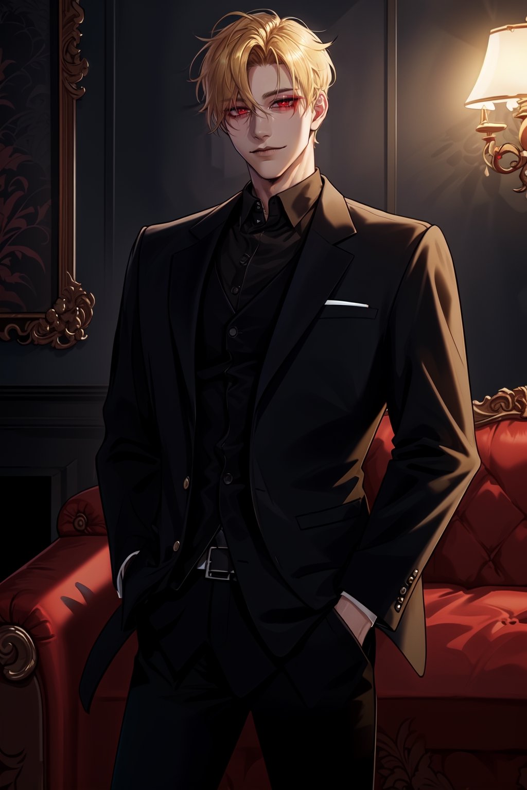 (man, tall, handsome, blonde, red eyes, glowing eyes, levi ackerman hairstyle, sharp eyes,), sexy, looking_at_viewer,  livingroom, smug, black pants, black shirt, hands on pockets, black suit,  elegant, mafia, mafia boss, luxurious, rich, 