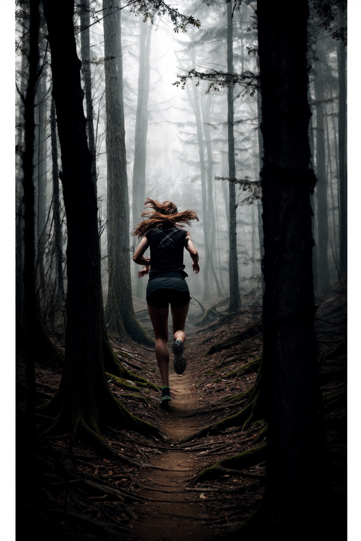 A close-up of a young and attractive woman running through a dark forest at night. She looks back terrified, with long hair flying behind. She holds a flashlight high up, illuminating the twisted trees around her. The image is dramatic, like a horror movie poster