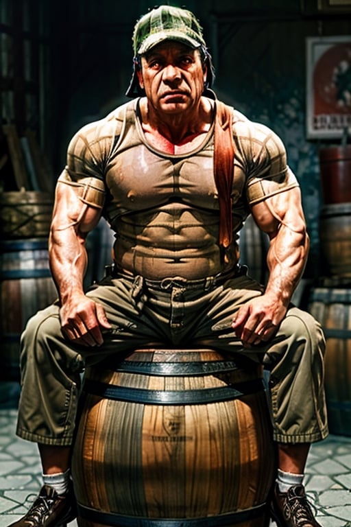 Chavito sitting on a barrel, a photorealistic painting by Bob Byerley, cgsociety, photorealism, playstation 5 screenshot, physically based rendering, diorama, Chavito,Chavito,Sexy Muscular, big muscles, shirtless