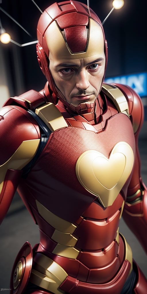 a close up of a statue of iron man, hot toys, battle damaged iron man suit, hottoys, iron man, superb detail 8 k masterpiece, like ironman, high resolution details, accurate detail, cyberpunk iron man, super highly detailed, superior iron man, very very high detailed, closeup detailed, hyper detailed masterpiece, ironman,chapulincolorado, On his chest ((a close up of a heart with the word CH on it))