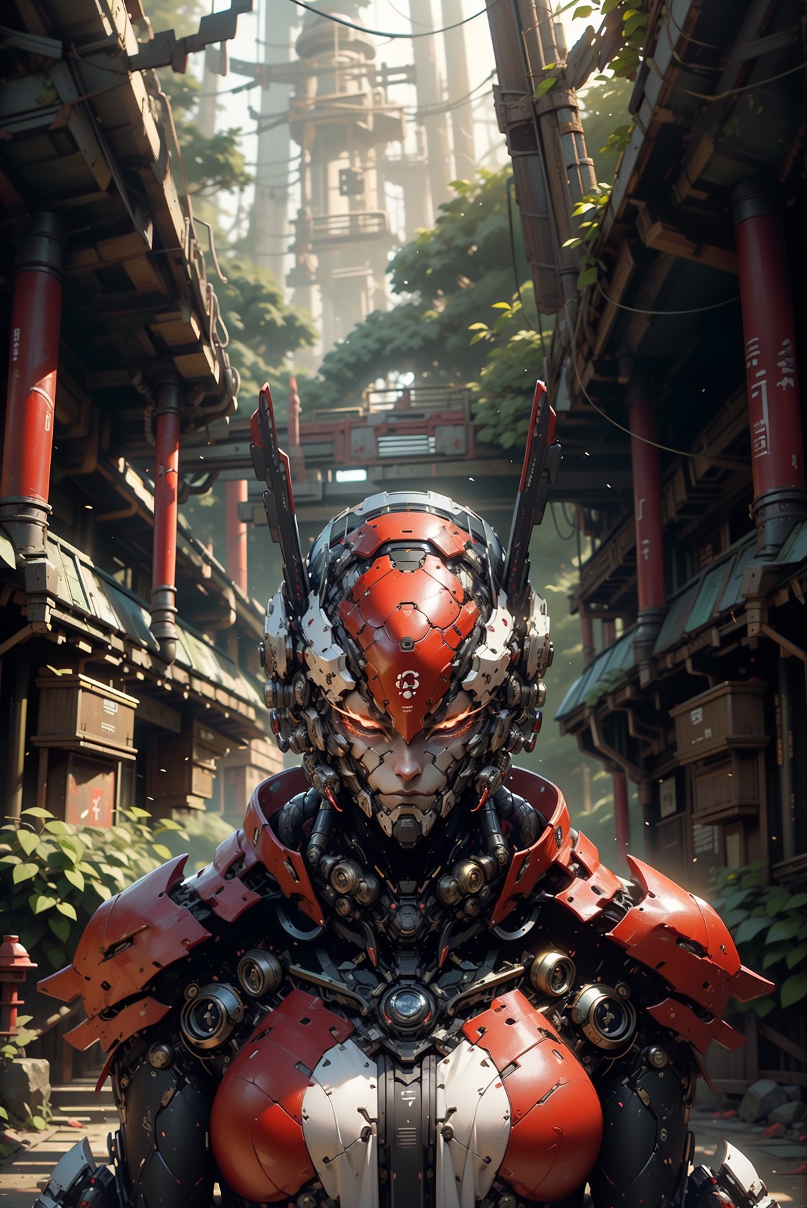 highres,close-up, ((pov   front )),in a Japanese temple background, (ninja bot),,heavy armour , cinematic poster ,  a 1 red,battle bot, mecha mask  ,Ultra HD, ultra detailed,  ,,   mecha bot, (( red bot )),mecha helmet,michancal armour, looking at the viewer,,outdoors, ((in a Forest temple )),lush forest,((high-tech building background )),     (sci-fi),   .  highly detaild SciFi temple background ,   outdoor temple sense with  , ruins,  , sparkling light,  , beautiful background,beautiful Japanese temple 