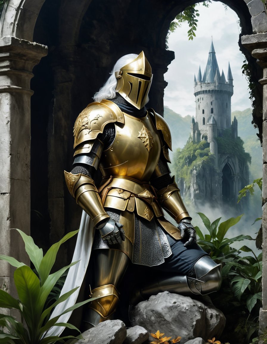 A close up painting of a  medivel Knight,Knight armour,golden cape, megestic old Knight white Beard,white hair,,in a jungle a ruined castle in background ,  kneeling ,, highly detaild,,  , detaild background,,  highly detaild ruind castle background,plants Rocks Stone statue pieces, intricate details, concept art,in the style of nicola samori,