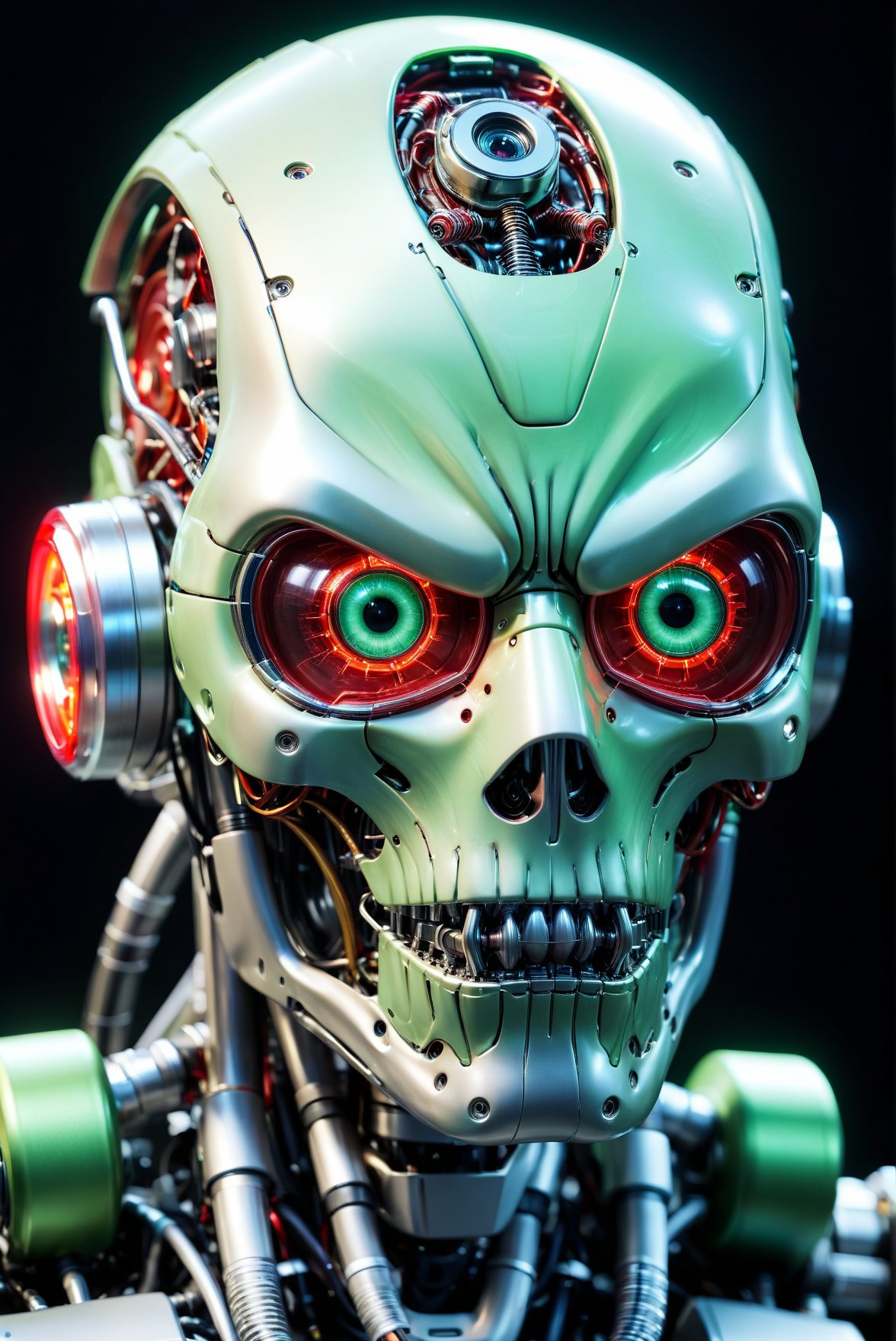 A close-up of a heavily muscled robot head with a bio-mechanical mask. The mask appears to be a fusion of metal and living tissue, pulsating with a faint green light. One eye is replaced with a cybernetic implant that glows red, while the other features a reptilian slit pupil.