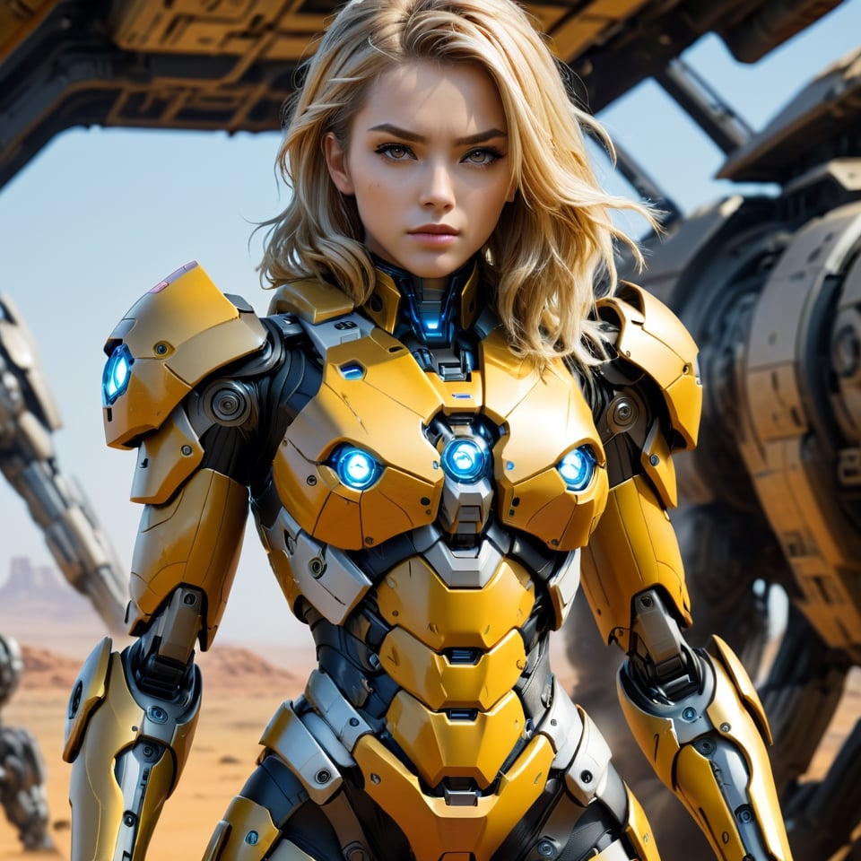 4K resalotion , (masterpiece),((   women wearing  mecha   armour), ((beautiful sci-fi mars background ))  , full body,,viewed_from_front  ,beautiful futeristic background,perfect face ,   ,,(   armour),sci-fi background ,  blonde hair  ,facing the viewer ,  (beautiful,   ), , heavy epic yellow armour ,(perfect face)  ,full body ,,  wearing  ,  , mecha     armour   ,    ,vibrant colours  , realistic animi girl ,more detail XL  ,