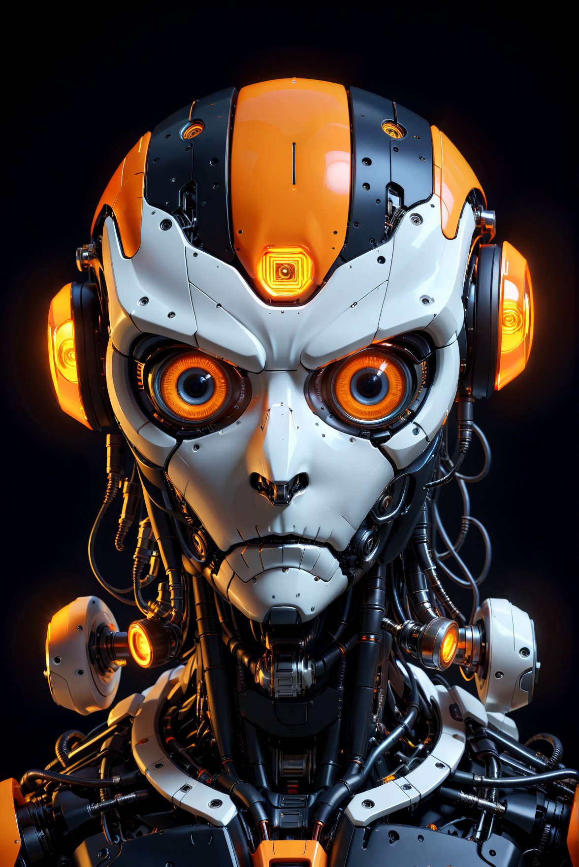 4K resalotion , (masterpiece), ,viewed_from_front  ,  perfect    ,mecha  neon glowing orange robot head ,  1    round robot ,  robot,biomichanical animal ,mechanical creature,sensors on face,, ,
 , highly detaild,, ((no mouth)), ,(  detaild artificial face ), front view, dark colours  , Gothic , highly detaild , ,, facing the viewer ,   (led display ) ,close-up, detaild eyes , ,   simple background ,, realistic   ,more detail XL 