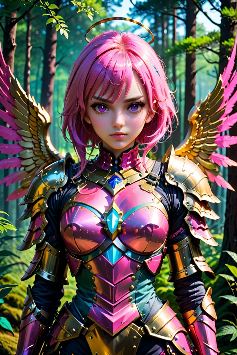 (masterpiece), ,viewed_from_front  ,  perfect  ,   , ((strong   vibrent colours)),, ((sci-fi Angele)),(masterpiece),,viewed_from_front  , megestic,(greek anjel   ),perfect face , ( gold   wings )),  , wearing detailed epic heavy futeristic armour ,       ,((neon pink hair)) ,, facing the viewer ,    full body   heavy   ethernel armour , (neon pink armour),Forest background,        ,perfect face,  epic, megestic   ,,  wearing  ,    ((detaild armour ))  , beautiful background ,vibrant colours  ,       ,more detail XL  ,, detaild megestic face,
 , full upper body,,  ((   )) ,     , highly detaild , ,, facing the viewer ,   ,     realistic   ,more detail XL, realistic anime girl,