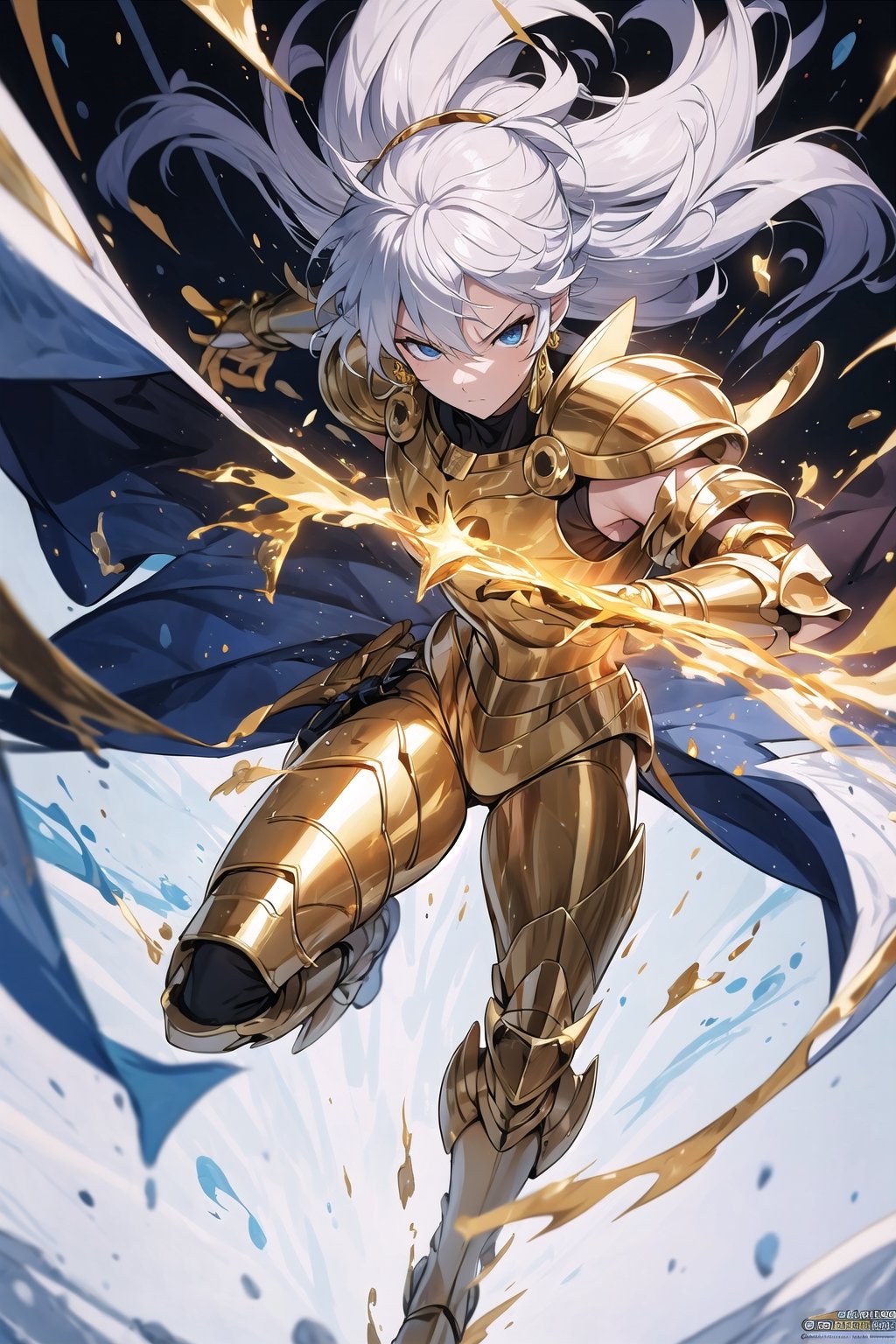 absurdres, highres, ultra detailed,Insane detail in face,  (boy:1.3), Gold Saint, Saint Seiya Style, paint splatter, expressive drips, random patterns, energetic movement, bold colors, dynamic texture, spontaneous creativity, Gold Armor, Full body armor, no helmet, Zodiac Knights, White long cape, white hair, Fighting pose,Pokemon Gotcha Style, gold gloves, long hair, floating