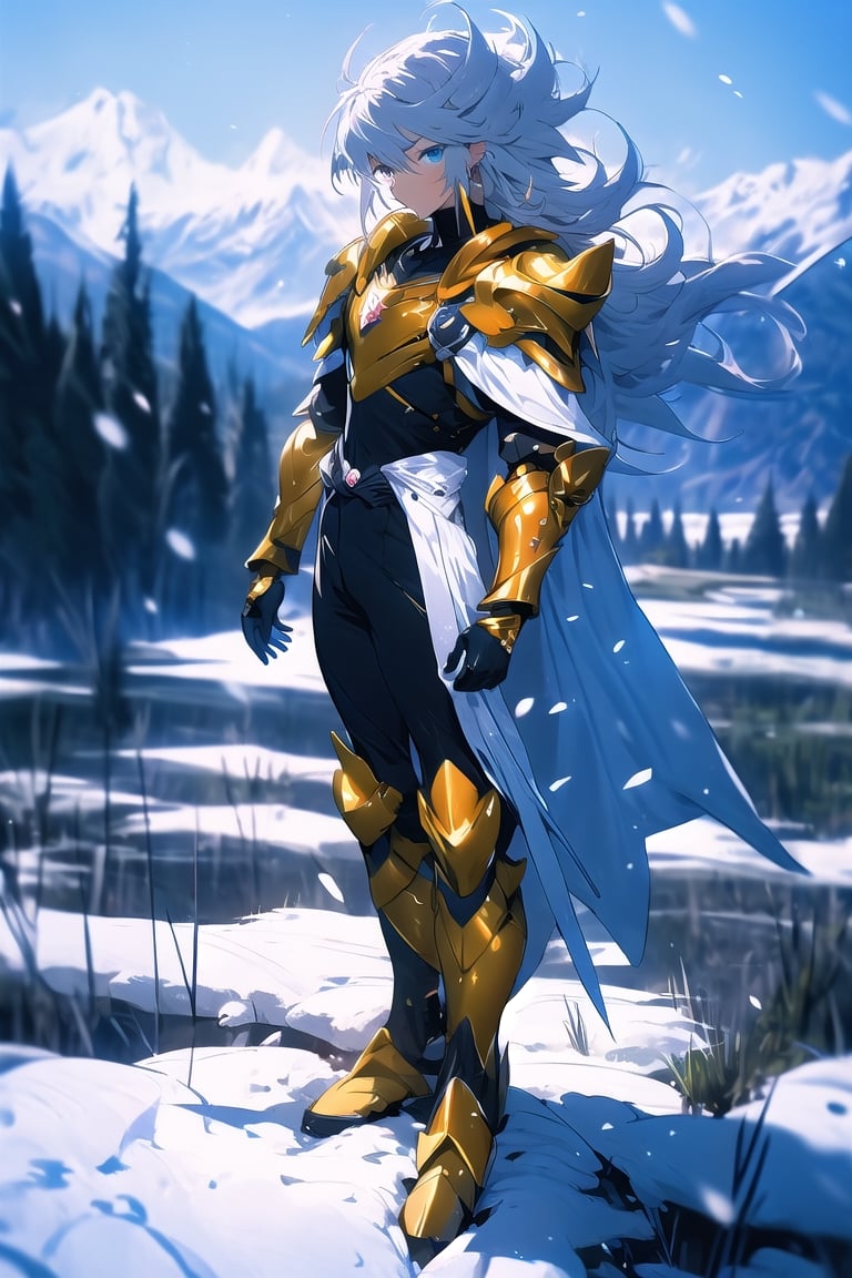 absurdres, highres, ultra detailed,Insane detail in face,  (boy:1.3), Gold Saint, Saint Seiya Style, Gold Armor, Full body armor, no helmet, Zodiac Knights, (((White long cape))), Grey hair,  standing still,Pokemon Gotcha Style, gold gloves, long hair, white cape, messy_hair,   light_blue_eyes, black pants under armor, ((full body armor)), beautiful fields big mountains in the background, beautiful fields, falling_snow, winter time,midjourney,FUJI