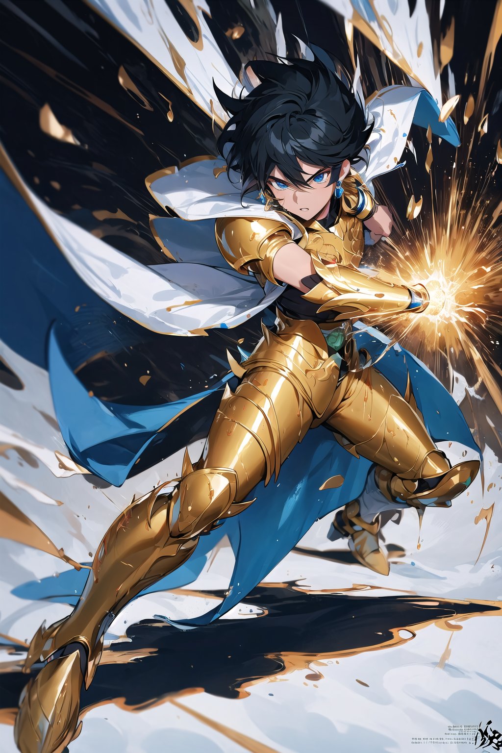 absurdres, highres, ultra detailed,Insane detail in face,  (boy:1.3), Gold Saint, Saint Seiya Style, paint splatter, expressive drips, random patterns, energetic movement, bold colors, dynamic texture, spontaneous creativity, Gold Armor, Full body armor, no helmet, Zodiac Knights, White long cape, Black hair, Fighting pose,Pokemon Gotcha Style