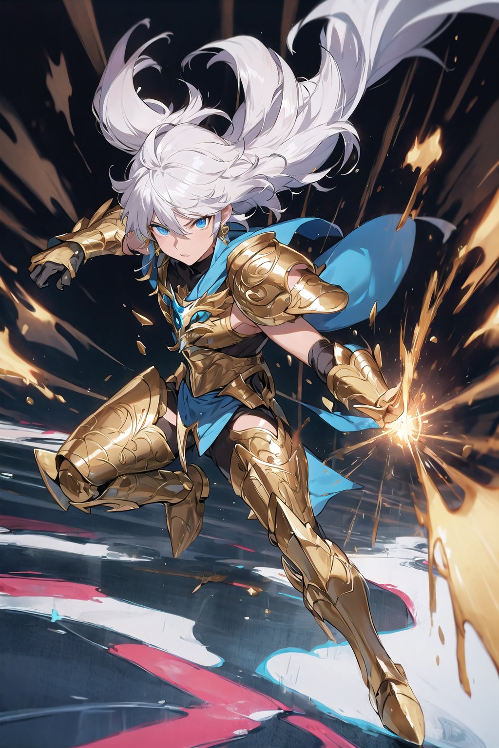 absurdres, highres, ultra detailed,Insane detail in face,  (boy:1.3), Gold Saint, Saint Seiya Style, paint splatter, expressive drips, random patterns, energetic movement, bold colors, dynamic texture, spontaneous creativity, Gold Armor, Full body armor, no helmet, Zodiac Knights, White long cape, white hair, Fighting pose,Pokemon Gotcha Style, gold gloves, long hair