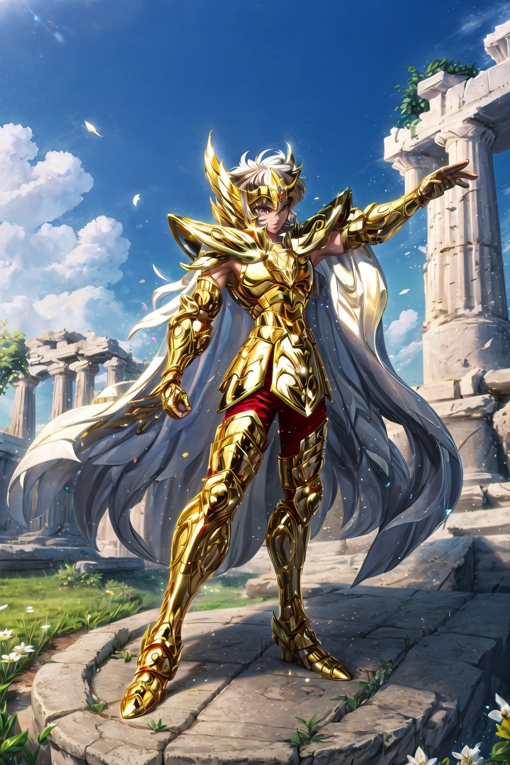absurdres, highres, ultra detailed,Insane detail in face,  (boy:1.3), Gold Saint, Saint Seiya Style, Gold Armor, Full body armor, no helmet, Zodiac Knights, white long cape, long white hair, Asian Fighting style pose,Pokemon Gotcha Style, gold gloves, long hair, long white cape, messy_hair,  Gold eyes, black pants under armor, full body armor, beautiful old greek temple in the background, beautiful fields, full leg armor, ultrainstinct,FUJI
