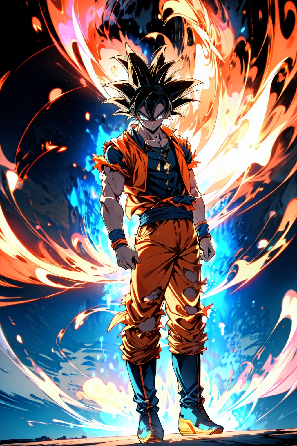 absurdres, highres, ultra detailed,Insane detail in face,  (boy:1.3), open Blue demin jacket, black t-shirt, high collar, sleeveless, (((ripped sleeves))) ((orange jeans)), , beautiful island background, glowing ,son goku,ultrainstinct, yellow boots with black at the toes, standing up
