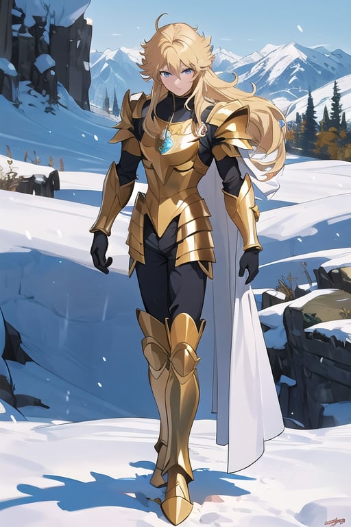 absurdres, highres, ultra detailed,Insane detail in face,  (boy:1.3), Gold Saint, Saint Seiya Style, Gold Armor, Full body armor, no helmet, Zodiac Knights, White long cape, blond hair,  standing still,Pokemon Gotcha Style, gold gloves, long hair, white cape, messy_hair,   light_blue_eyes, blue pants under armor, full body armor, beautiful fields big mountains in the background, beautiful fields, falling_snow, winter time