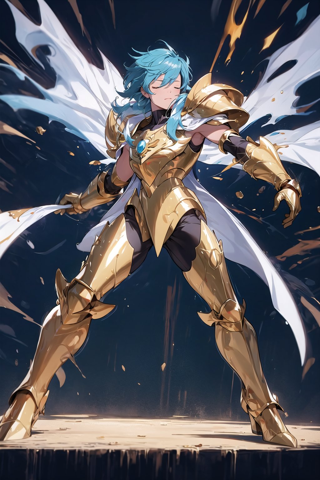 absurdres, highres, ultra detailed,Insane detail in face,  (boy:1.3), Gold Saint, Saint Seiya Style, paint splatter, expressive drips, random patterns, energetic movement, bold colors, dynamic texture, spontaneous creativity, Gold Armor, Full body armor, no helmet, Zodiac Knights, White long cape, blue hair, Fighting pose,Pokemon Gotcha Style, gold gloves, long hair, white cape, messy_hair,  closed eyes, 