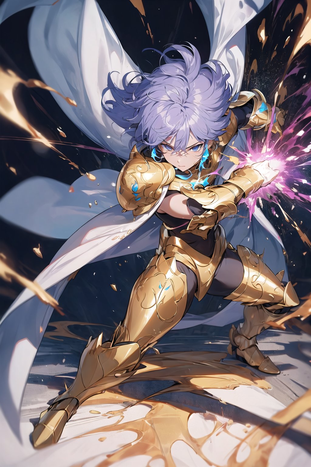 absurdres, highres, ultra detailed,Insane detail in face,  (boy:1.3), Gold Saint, Saint Seiya Style, paint splatter, expressive drips, random patterns, energetic movement, bold colors, dynamic texture, spontaneous creativity, Gold Armor, Full body armor, no helmet, Zodiac Knights, White long cape, pastel purple hair, Fighting pose,Pokemon Gotcha Style, gold gloves, long hair, white cape, messy_hair