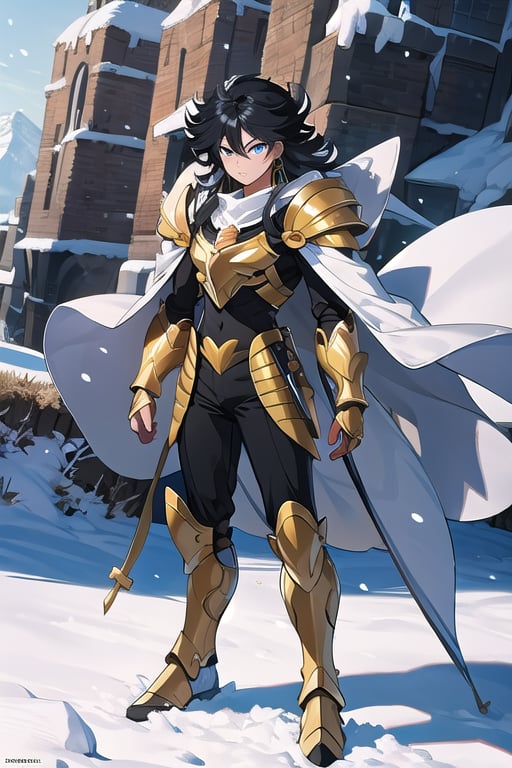 absurdres, highres, ultra detailed,Insane detail in face,  (boy:1.3), Gold Saint, Saint Seiya Style, Gold Armor, Full body armor, no helmet, Zodiac Knights, White long cape, black hair,  standing still,Pokemon Gotcha Style, gold gloves, long hair, white cape, messy_hair,   light_blue_eyes, black pants under armor, full body armor, beautiful fields big mountains in the background, beautiful fields, falling_snow, winter time