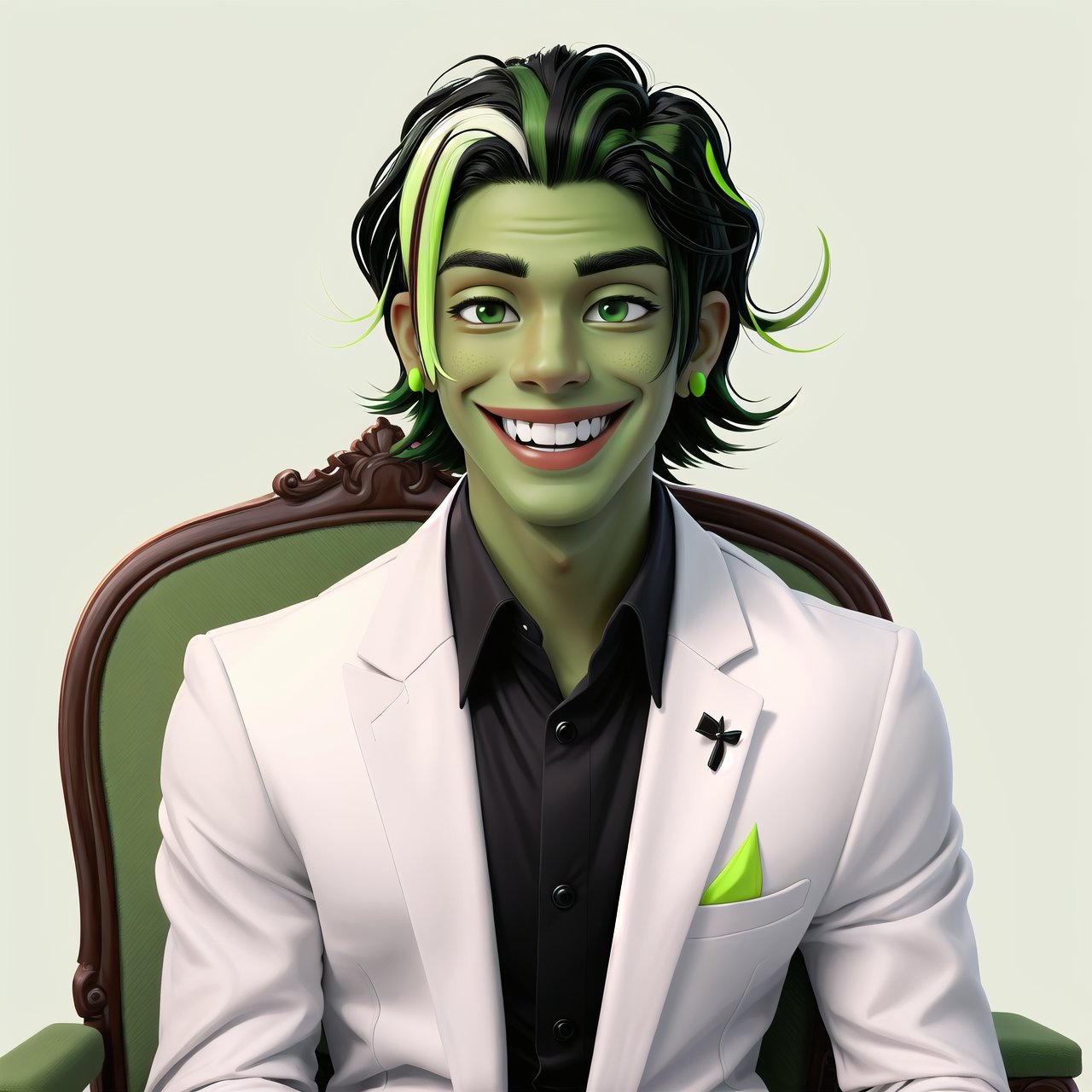an elegant boy, with white skin, green eyes, smiling, black hair with a green streak, sitting on some chair
,in japan