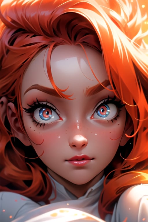 young woman, (detailed face), (beautiful detailed eyes:1.2), (glowinig eyes:1.2), (aura:1.1), orange_hair, morning_hair, long_hair, she is at her department,  light_particles, light_day, 