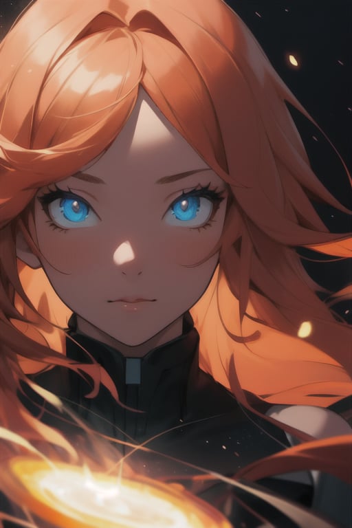young woman, centered, department, light_particles, light_day, (detailed face), (beautiful detailed eyes:1.2), (glowinig eyes:1.2), (aura:1.1), orange_hair, morning_hair, long_hair 
